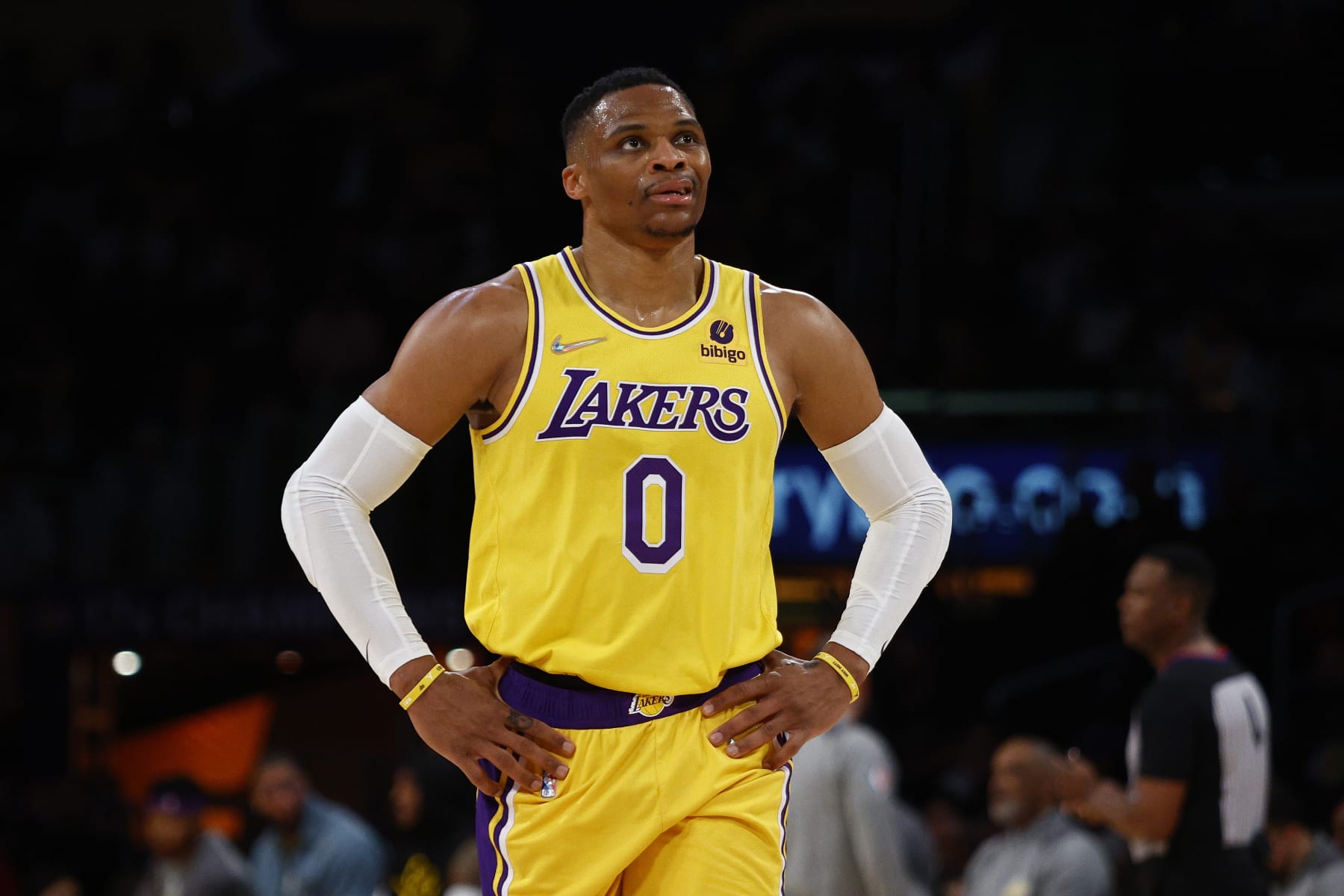 LOS ANGELES, CALIFORNIA - MARCH 01:   Russell Westbrook #0 of the Los Angeles Lakers at Crypto.com Arena on March 01, 2022 in Los Angeles, California.  NOTE TO USER: User expressly acknowledges and agrees that, by downloading and/or using this Photograph, user is consenting to the terms and conditions of the Getty Images License Agreement.  (Photo by Ronald Martinez/Getty Images)