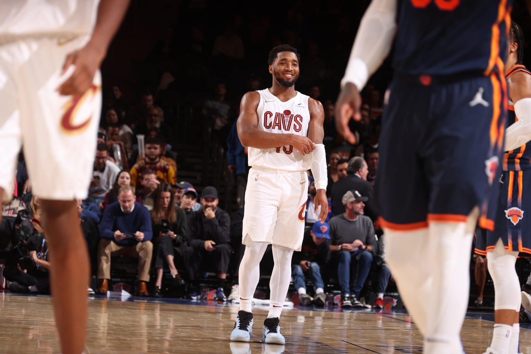NEW YORK, NY - NOVEMBER 1: Donovan Mitchell #45 of the Cleveland Cavaliers smiles during the game against the New York Knicks on November 1, 2023 at Madison Square Garden in New York City, New York.  NOTE TO USER: User expressly acknowledges and agrees that, by downloading and or using this photograph, User is consenting to the terms and conditions of the Getty Images License Agreement. Mandatory Copyright Notice: Copyright 2023 NBAE  (Photo by Nathaniel S. Butler/NBAE via Getty Images)