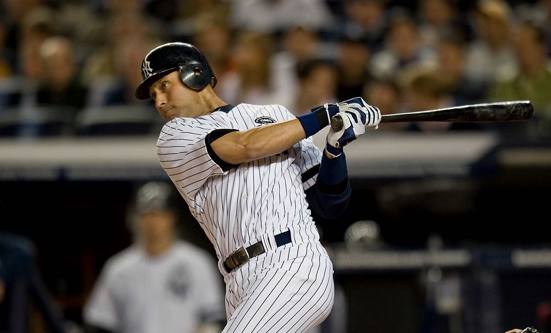 October 09, 2010: NY Yankees Vs Minnesota Twins: Game 3 ALDS: Yankees #2 Derek Jeter singles in the first inning.***NEW YORK NEWSPAPERS OUT---NO NEW YORK NEWSPAPERS**** (Photo by Anthony J. Causi/Icon SMI/Icon Sport Media via Getty Images)