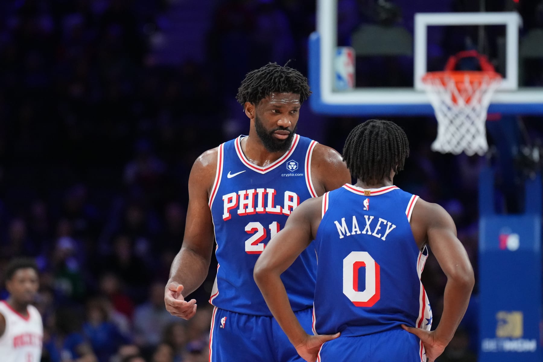 PHILADELPHIA, PA - JANUARY 15: Joel Embiid #21talks to Tyrese Maxey #0 of the Philadelphia 76ers during the game against the Houston Rockets on January 15, 2024 at the Wells Fargo Center in Philadelphia, Pennsylvania NOTE TO USER: User expressly acknowledges and agrees that, by downloading and/or using this Photograph, user is consenting to the terms and conditions of the Getty Images License Agreement. Mandatory Copyright Notice: Copyright 2024 NBAE (Photo by Jesse D. Garrabrant/NBAE via Getty Images)