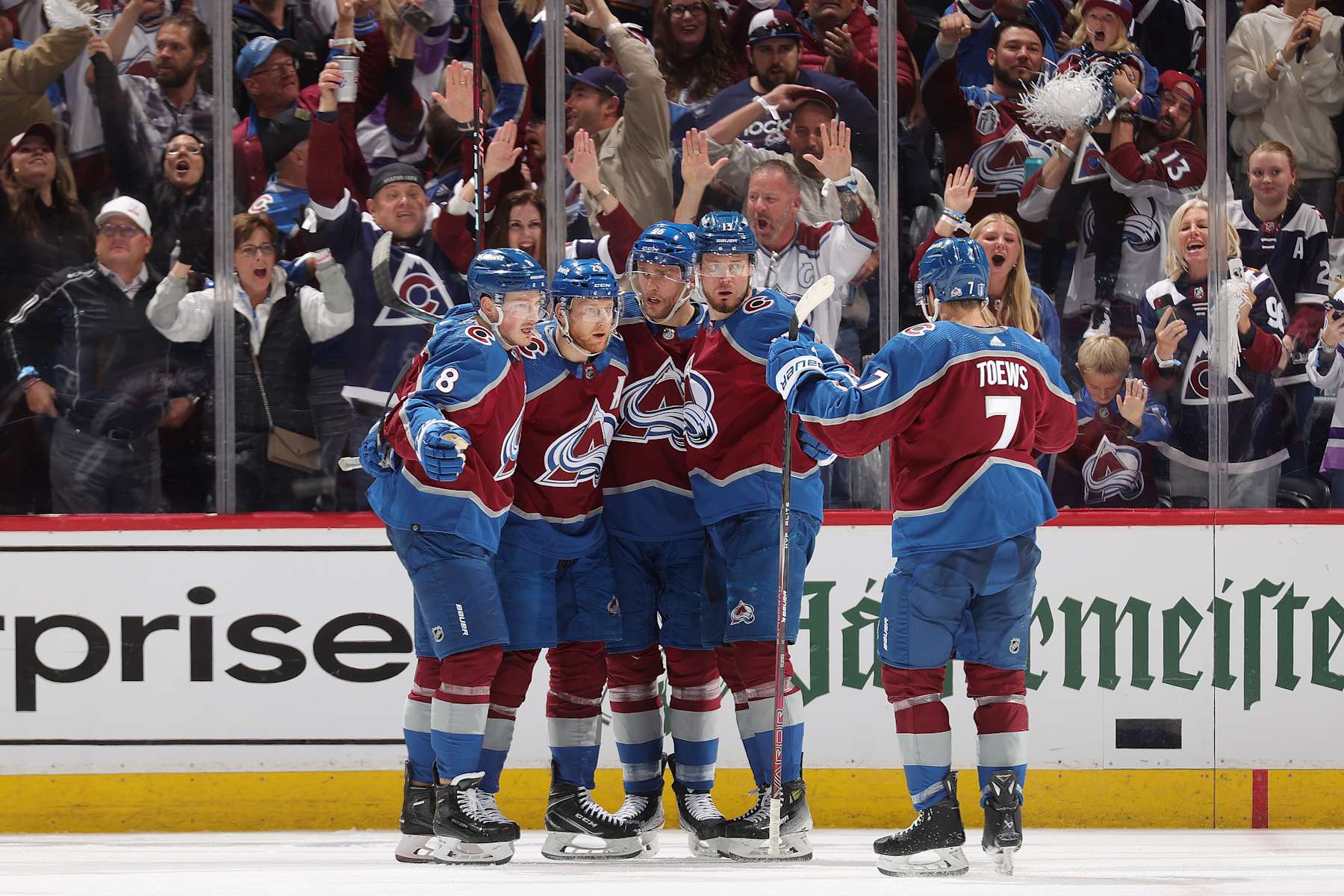 DENVER, COLORADO - MAY 11: Cale Makar #8, Nathan MacKinnon #29, Mikko Rantanen #96, Valeri Nichushkin #13 and Devon Toews #7 of the Colorado Avalanche celebrate a goal against the Dallas Stars in Game Three of the Second Round of the 2024 Stanley Cup Playoffs at Ball Arena on May 11, 2024 in Denver, Colorado.  (Photo by Michael Martin/NHLI via Getty Images)