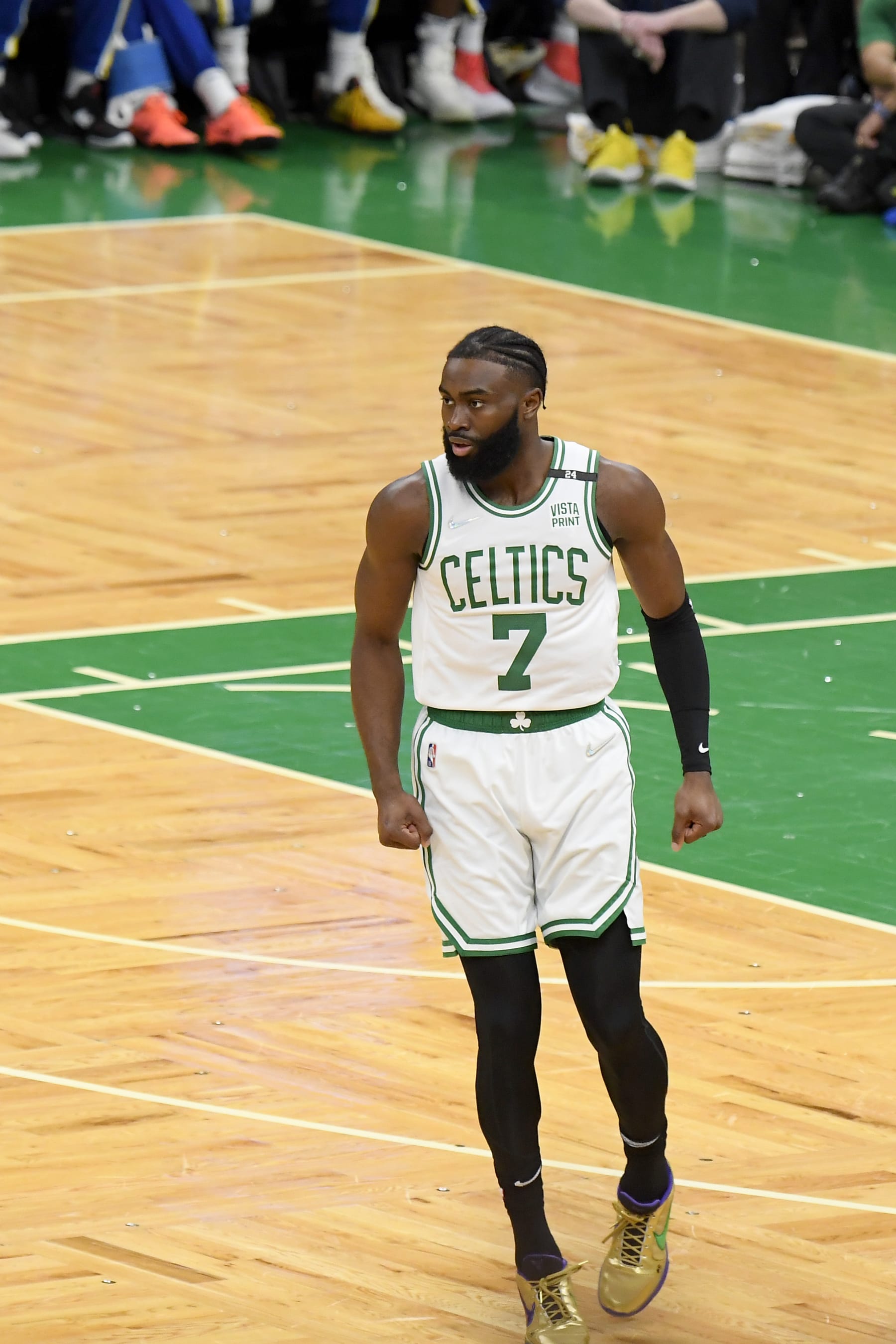 BOSTON, MA - JUNE 16: Jaylen Brown #7 of the Boston Celtics looks on during Game Six of the 2022 NBA Finals on June 16, 2022 at TD Garden in Boston, Massachusetts. NOTE TO USER: User expressly acknowledges and agrees that, by downloading and or using this photograph, user is consenting to the terms and conditions of Getty Images License Agreement. Mandatory Copyright Notice: Copyright 2022 NBAE (Photo by Brian Babineau/NBAE via Getty Images)