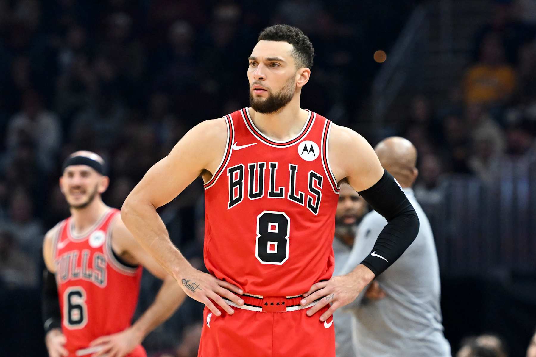CLEVELAND, OHIO - JANUARY 15: Zach LaVine #8 of the Chicago Bulls looks on during the first half against the Cleveland Cavaliers at Rocket Mortgage Fieldhouse on January 15, 2024 in Cleveland, Ohio. NOTE TO USER: User expressly acknowledges and agrees that, by downloading and or using this photograph, User is consenting to the terms and conditions of the Getty Images License Agreement. (Photo by Nick Cammett/Getty Images)