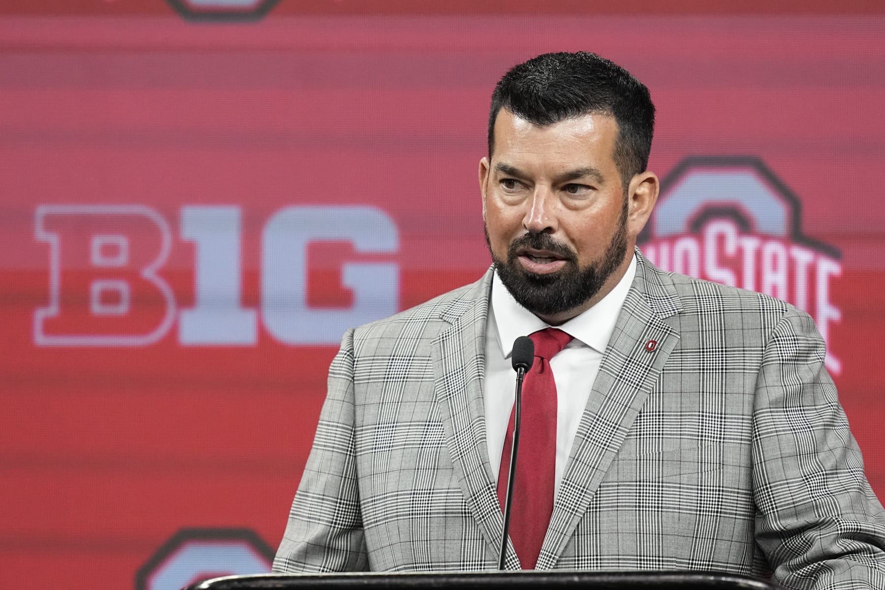 Ohio State head coach Ryan Day speaks during an NCAA college football news conference at the Big Ten Conference media days at Lucas Oil Stadium, Wednesday, July 26, 2023, in Indianapolis. (AP Photo/Darron Cummings)