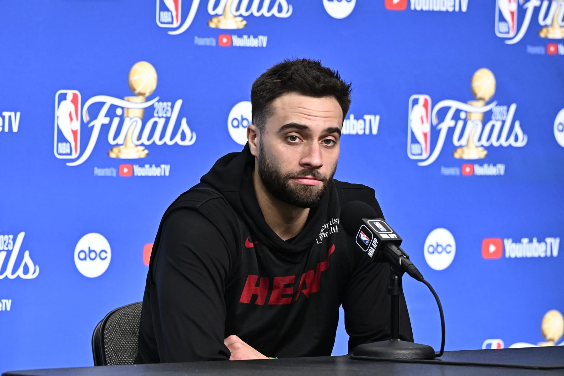 MIAMI, FL - JUNE 6: Max Strus of the Miami Heat speaks to the media during 2023 NBA Finals Practice and Media Availability on June 6, 2023 at the Kaseya Center in Miami, Florida. NOTE TO USER: User expressly acknowledges and agrees that, by downloading and/or using this Photograph, user is consenting to the terms and conditions of the Getty Images License Agreement. Mandatory Copyright Notice: Copyright 2023 NBAE (Photo by David Dow/NBAE via Getty Images)