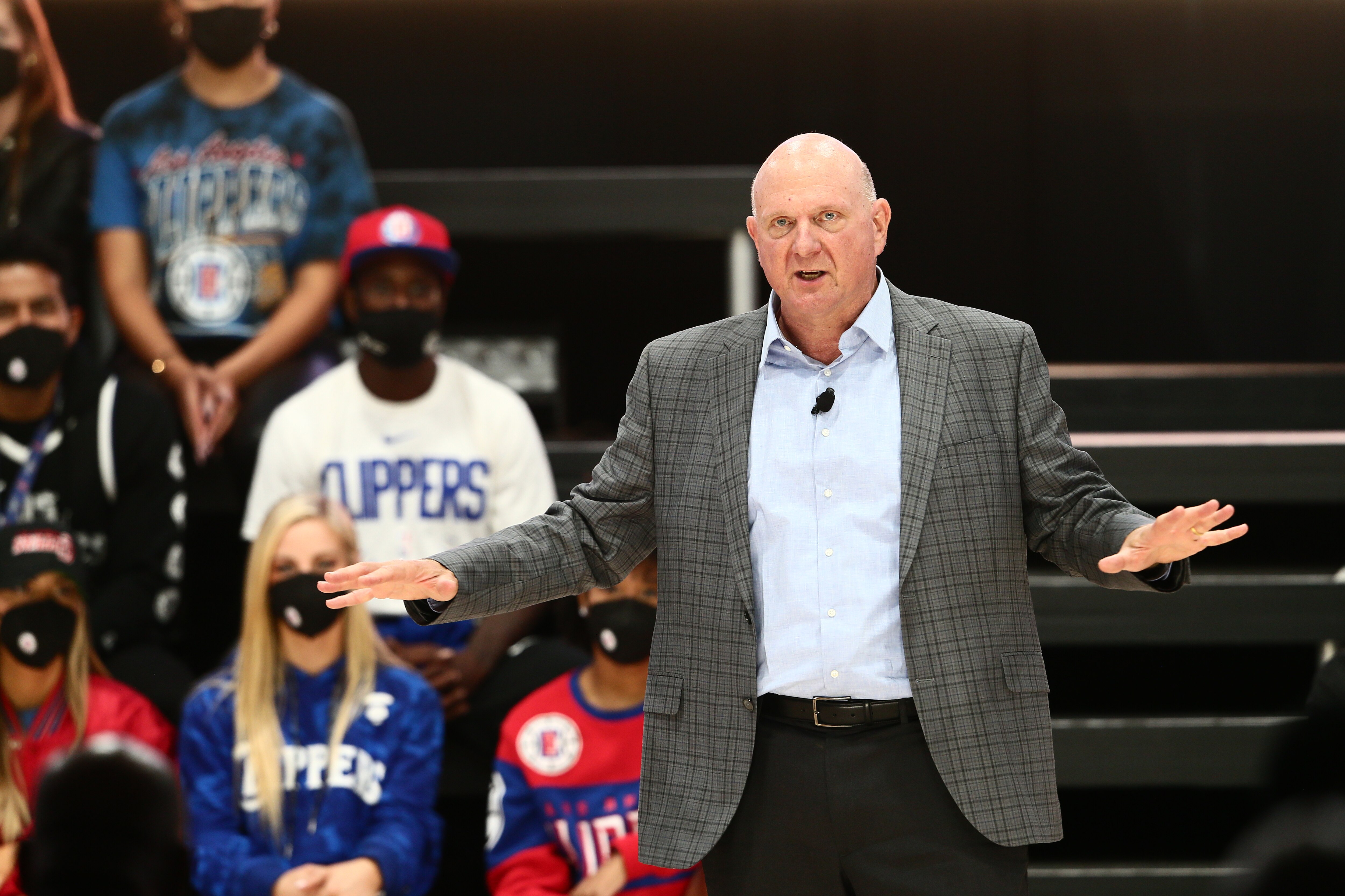 INGLEWOOD, CA - SEPTEMBER 17: Chairman Steve Ballmer of the LA Clippers talks during the ground breaking on Intuit Dome on September 17, 2021 in Inglewood, California. NOTE TO USER: User expressly acknowledges and agrees that, by downloading and/or using this Photograph, user is consenting to the terms and conditions of the Getty Images License Agreement. Mandatory Copyright Notice: Copyright 2021 NBAE (Photo by Will Navarro/NBAE via Getty Images)