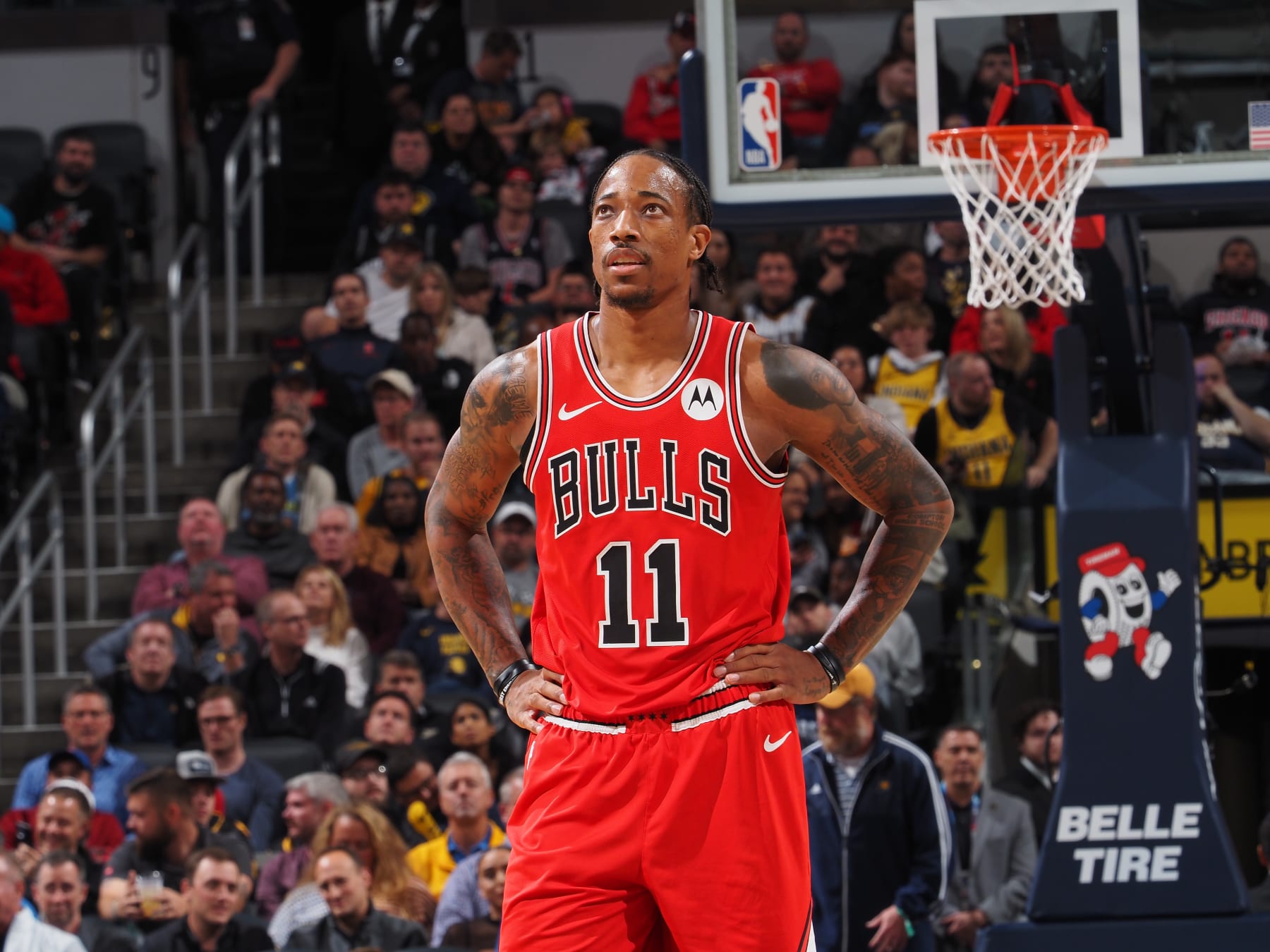 INDIANAPOLIS, IN - OCTOBER 30: DeMar DeRozan #11 of the Chicago Bulls looks on during the game against the Indiana Pacers on October 30, 2023 at Gainbridge Fieldhouse in Indianapolis, Indiana. NOTE TO USER: User expressly acknowledges and agrees that, by downloading and or using this Photograph, user is consenting to the terms and conditions of the Getty Images License Agreement. Mandatory Copyright Notice: Copyright 2023 NBAE (Photo by Ron Hoskins/NBAE via Getty Images)
