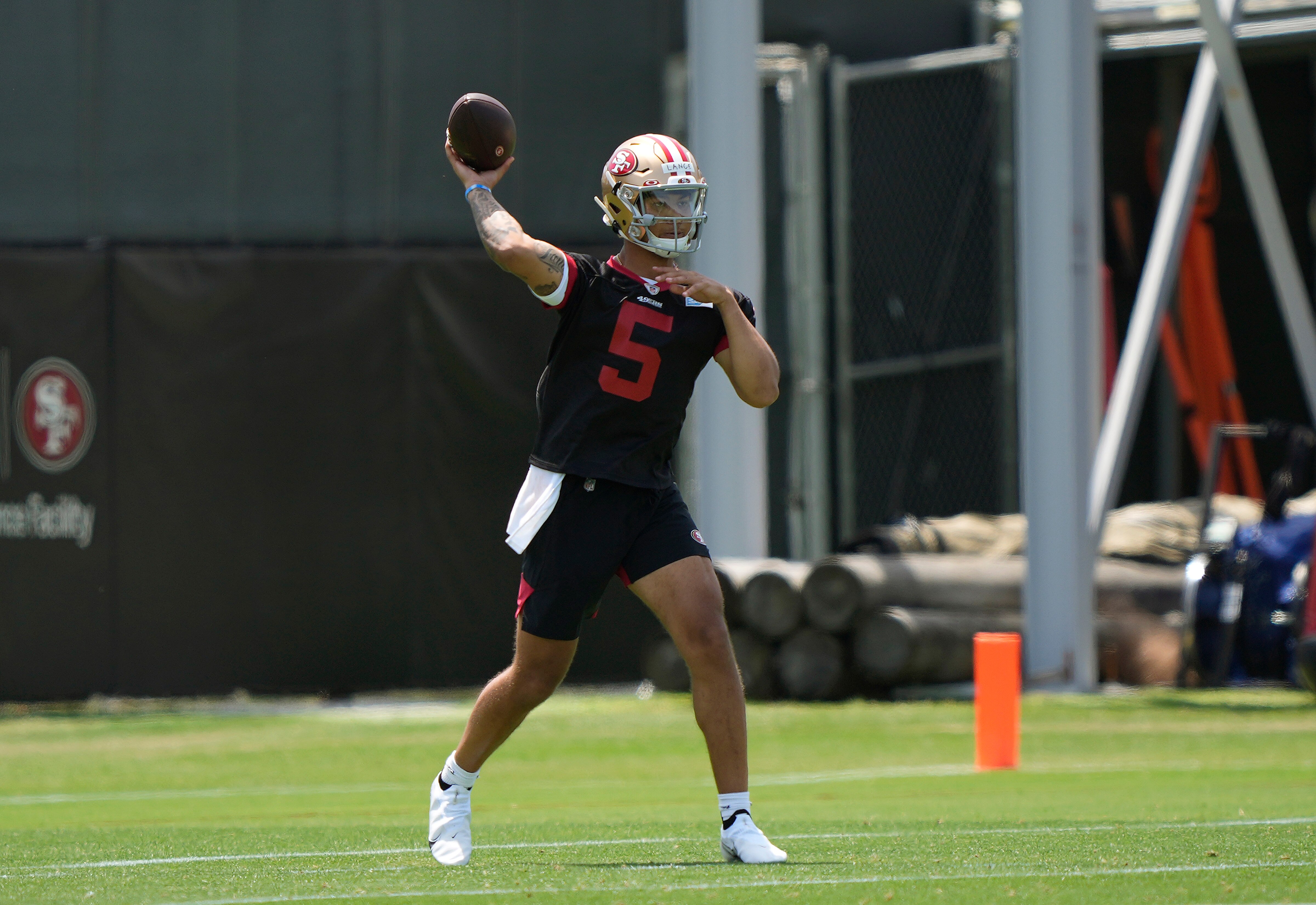 SANTA CLARA, CALIFORNIA - MAY 14: Trey Lance #5 of the San Francisco 49ers works out during an OTA rookie mini camp at Levi Stadium on May 14, 2021 in Santa Clara, California. (Photo by Thearon W. Henderson/Getty Images)