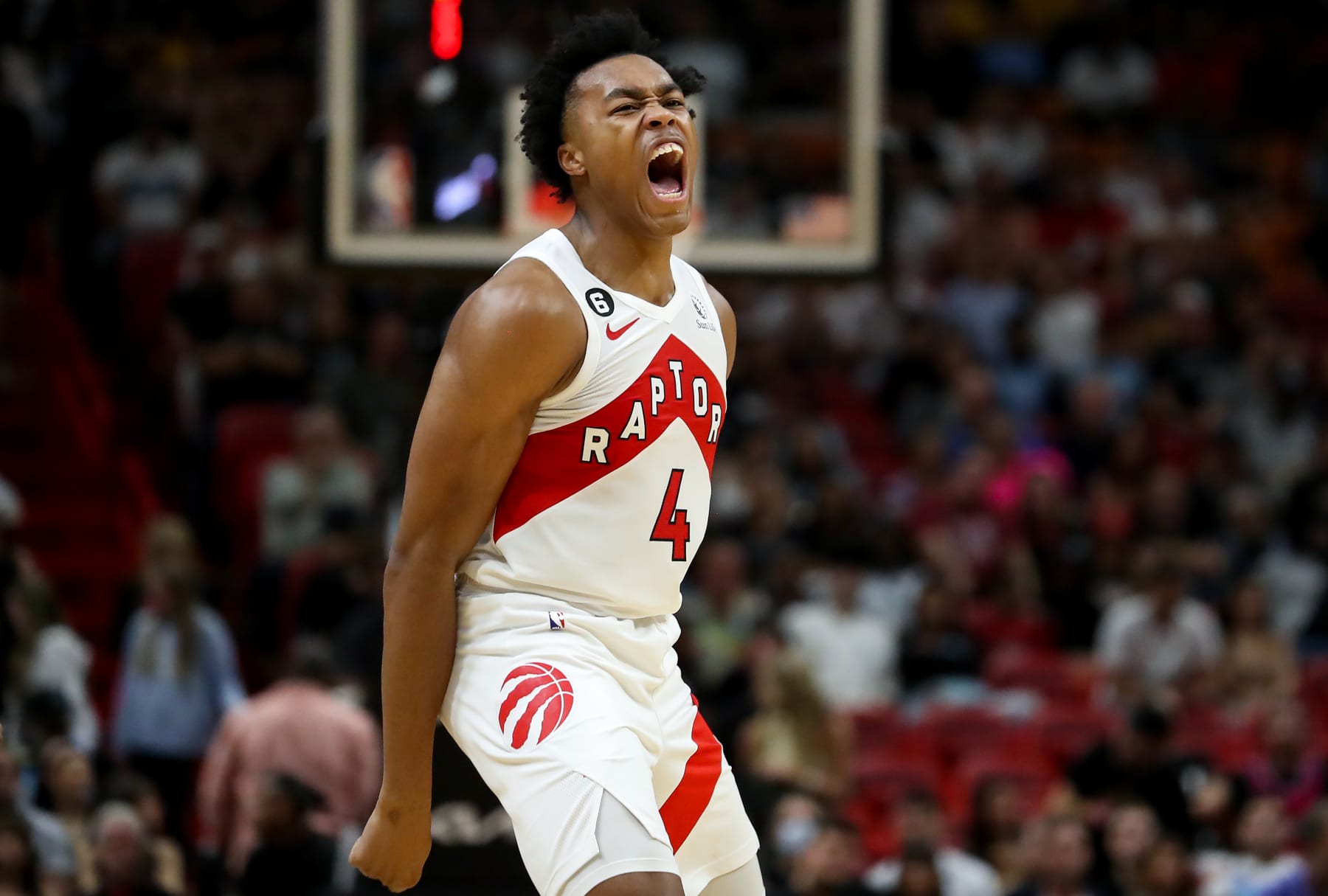 MIAMI, FLORIDA - OCTOBER 22: Scottie Barnes #4 of the Toronto Raptors reacts during the second quarter of the game against the Miami Heat at FTX Arena on October 22, 2022 in Miami, Florida. NOTE TO USER: User expressly acknowledges and agrees that, by downloading and or using this photograph, User is consenting to the terms and conditions of the Getty Images License Agreement. (Photo by Megan Briggs/Getty Images)