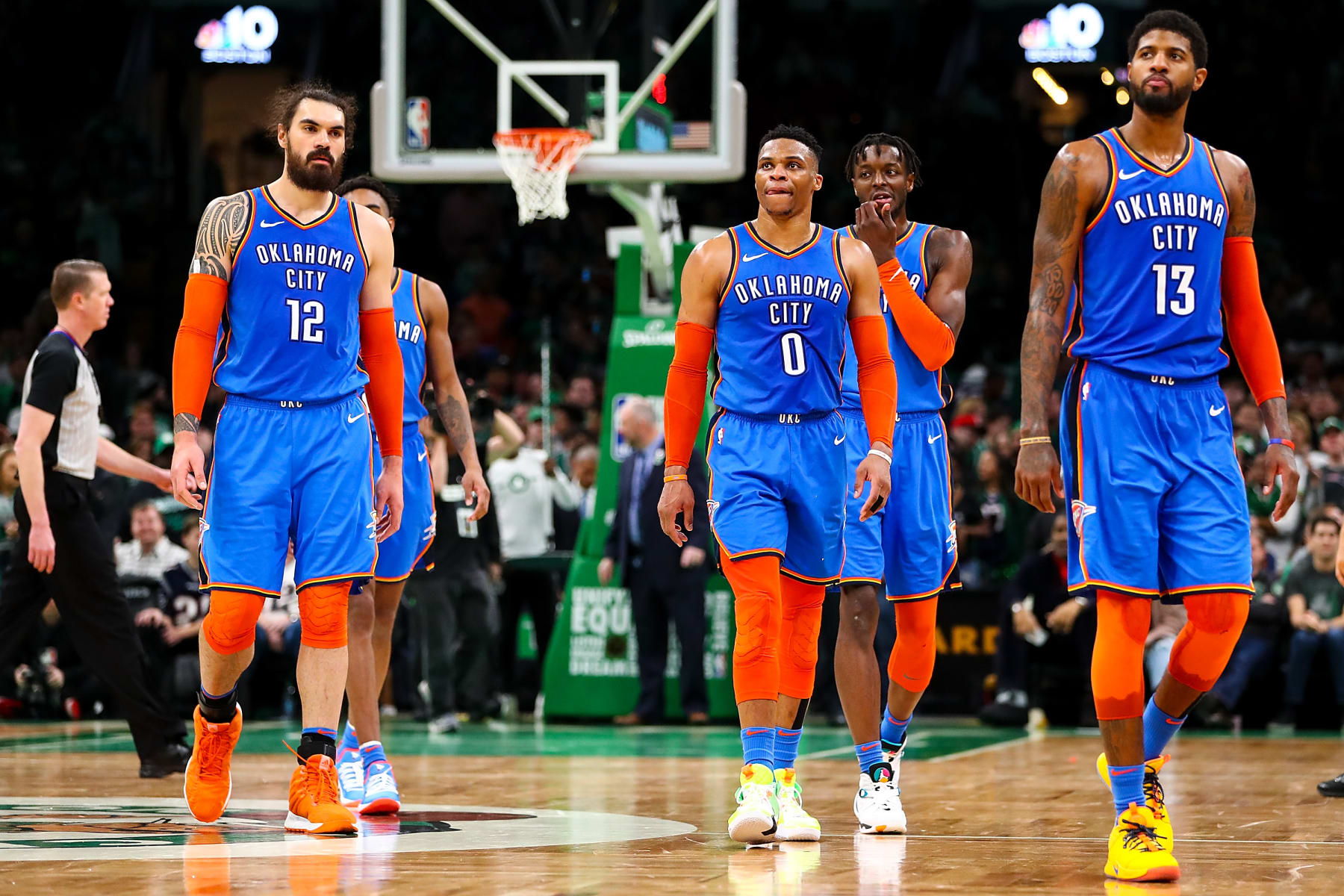 BOSTON, MA - FEBRUARY 03:  Steven Adams #12, Russell Westbrook #0 and Paul George #13 of the Oklahoma City Thunder look on during a game against the Boston Celtics at TD Garden on February 3, 2019 in Boston, Massachusetts. NOTE TO USER: User expressly acknowledges and agrees that, by downloading and or using this photograph, User is consenting to the terms and conditions of the Getty Images License Agreement. (Photo by Adam Glanzman/Getty Images)