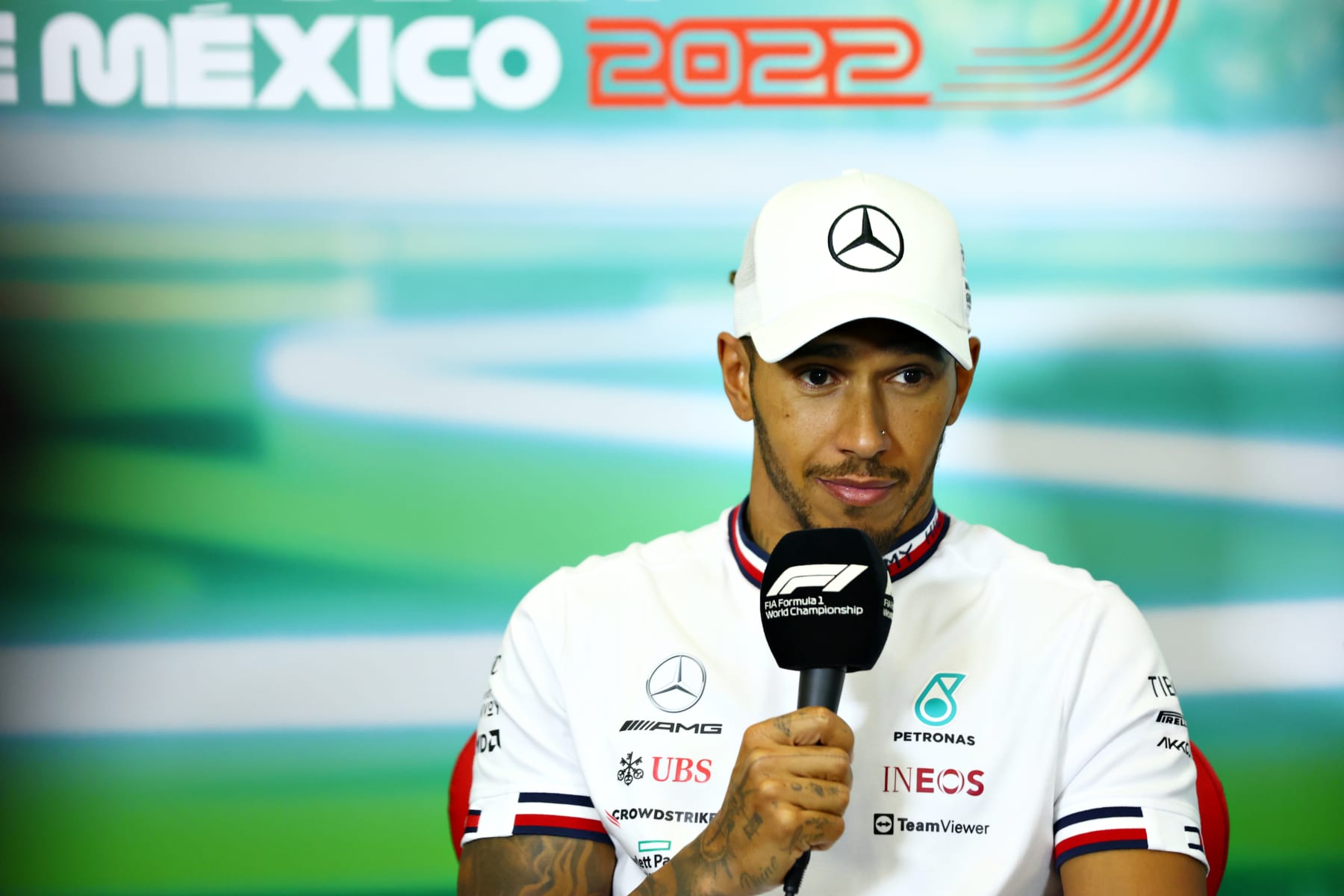 MEXICO CITY, MEXICO - OCTOBER 30: Second placed Lewis Hamilton of Great Britain and Mercedes attends the press conference after the F1 Grand Prix of Mexico at Autodromo Hermanos Rodriguez on October 30, 2022 in Mexico City, Mexico. (Photo by Dan Istitene/Getty Images)