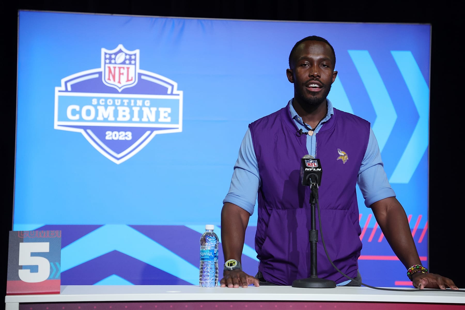 INDIANAPOLIS, INDIANA - FEBRUARY 28: General Manager Kwesi Adofo-Mensah of the Minnesota Vikings speaks to the media during the NFL Combine at the Indiana Convention Center on February 28, 2023 in Indianapolis, Indiana. (Photo by Stacy Revere/Getty Images)