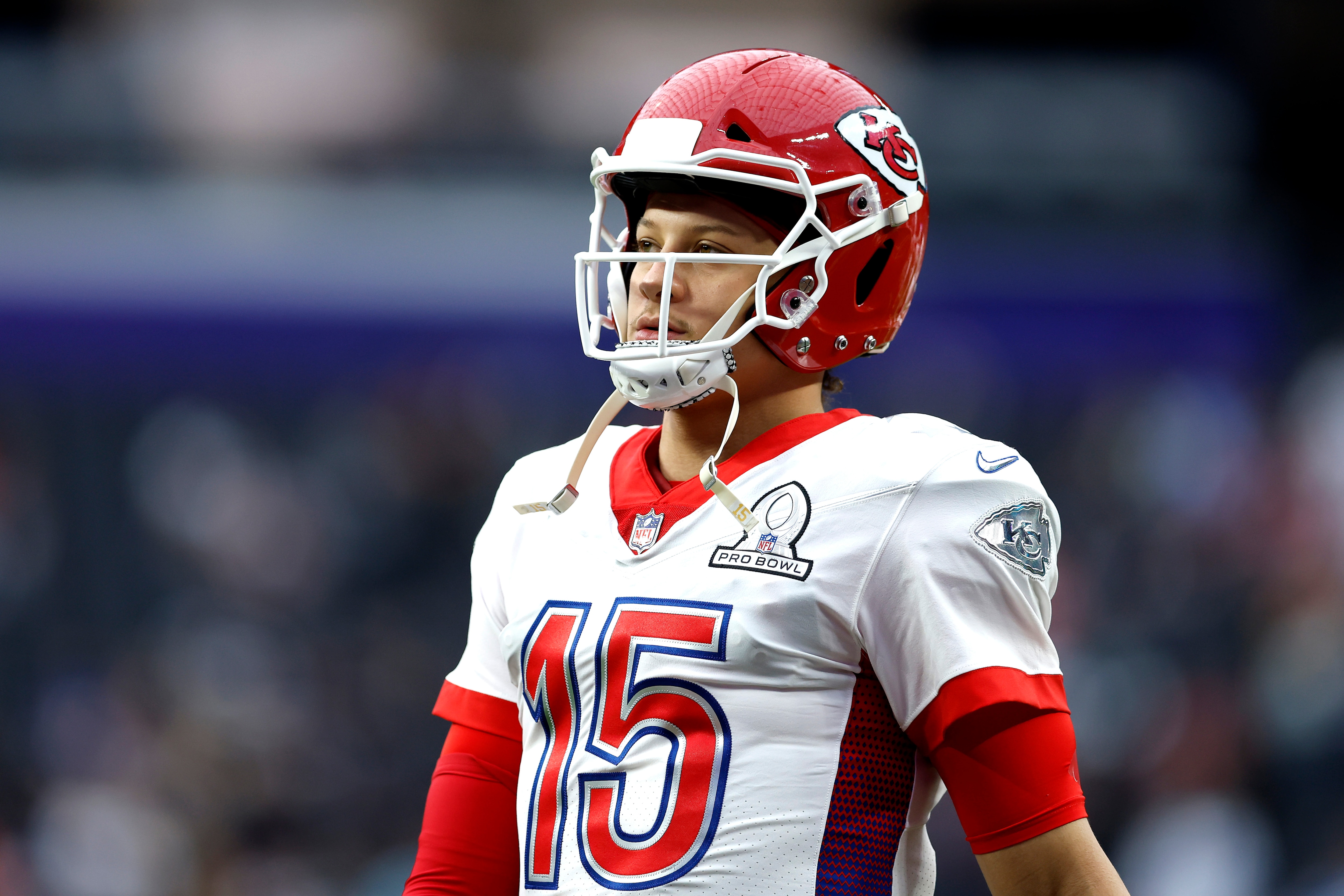 LAS VEGAS, NEVADA - FEBRUARY 06: Patrick Mahomes #15 of the Kansas City Chiefs warms up before the NFL Pro Bowl at Allegiant Stadium on February 06, 2022 in Las Vegas, Nevada. (Photo by Christian Petersen/Getty Images)