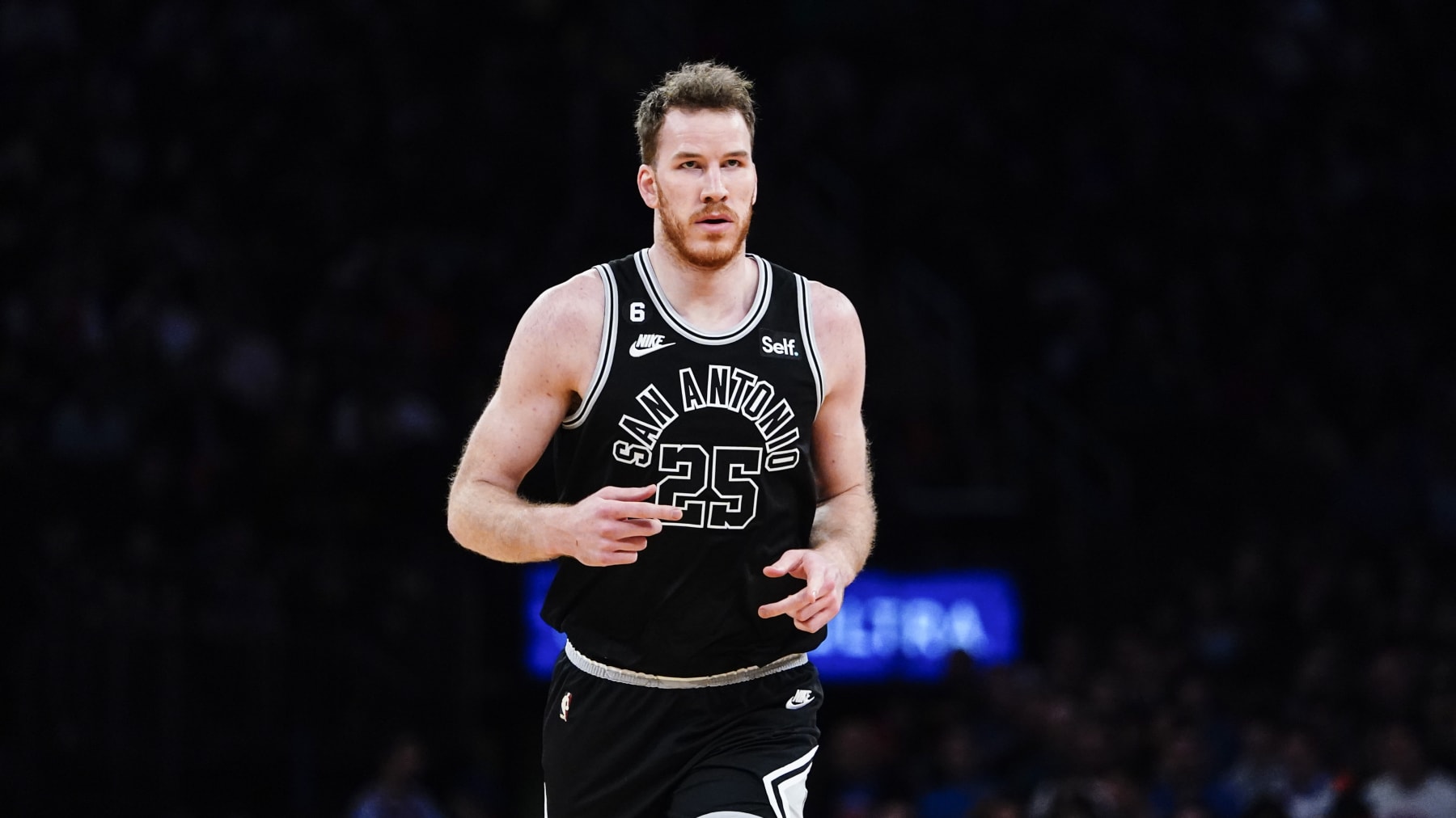 San Antonio Spurs' Jakob Poeltl, of Austria, during the first half of an NBA basketball game against the New York Knicks Wednesday, Jan. 4, 2023, in New York. (AP Photo/Frank Franklin II)
