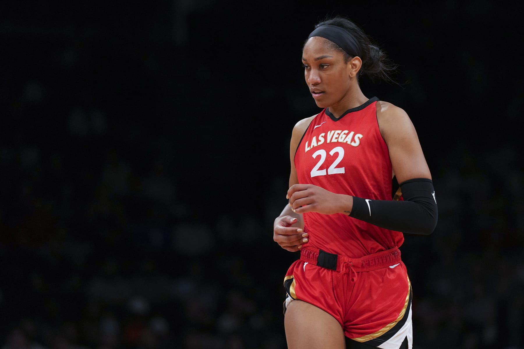 NEW YORK, NY - JULY 12: A'ja Wilson #22 of the Las Vegas Aces looks on against the New York Liberty at Barclays Center on July 12, 2022 in the Brooklyn borough of New York City. The Las Vegas Aces defeated the New York Liberty 107-101. NOTE TO USER: User expressly acknowledges and agrees that, by downloading and/or using this Photograph, user is consenting to the terms and conditions of the Getty Images License Agreement. (Photo by Mitchell Leff/Getty Images)