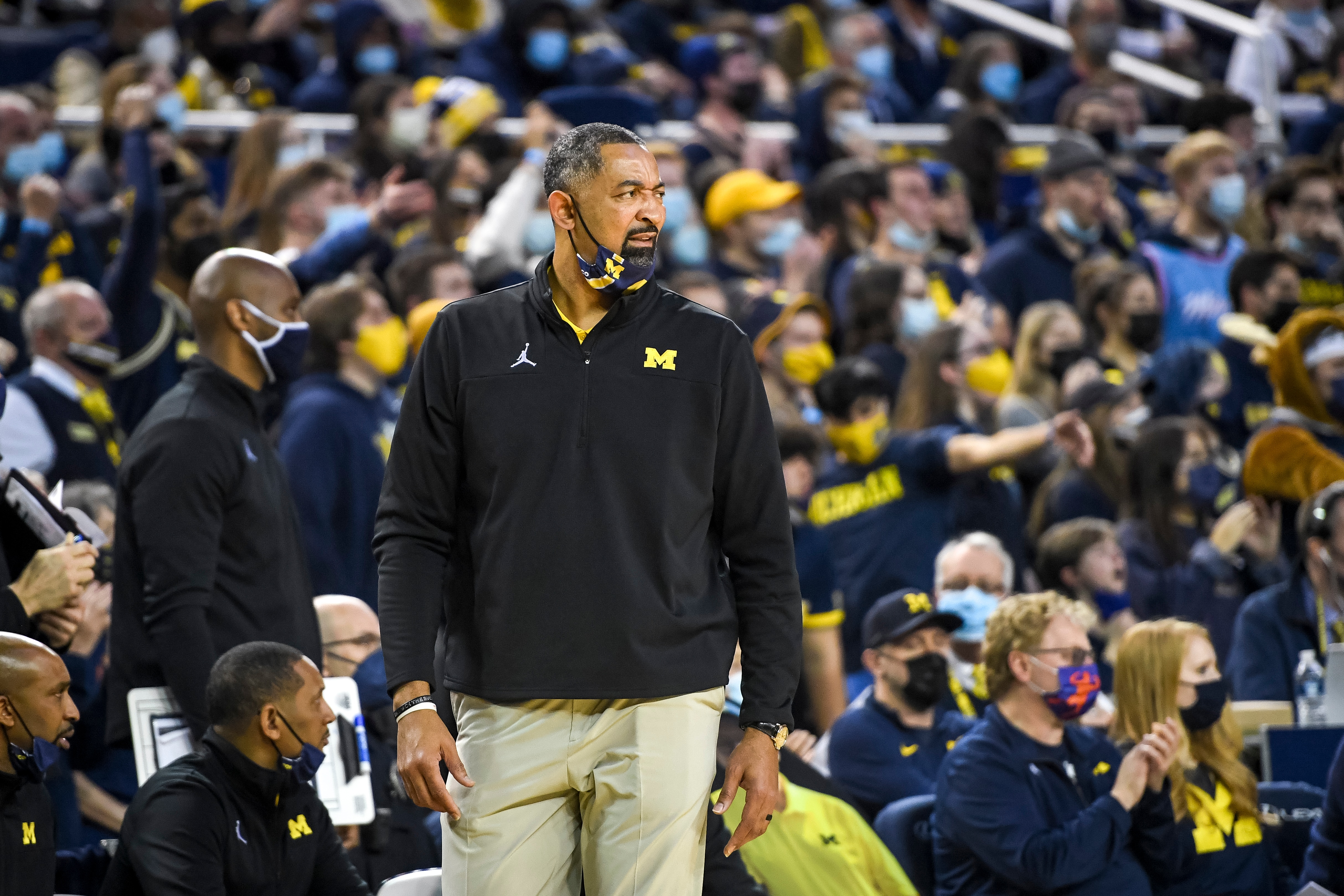 ANN ARBOR, MICHIGAN - FEBRUARY 12: Head coach Juwan Howard of the Michigan Wolverines looks on against the Ohio State Buckeyes during the second half at Crisler Arena on February 12, 2022 in Ann Arbor, Michigan. (Photo by Nic Antaya/Getty Images)