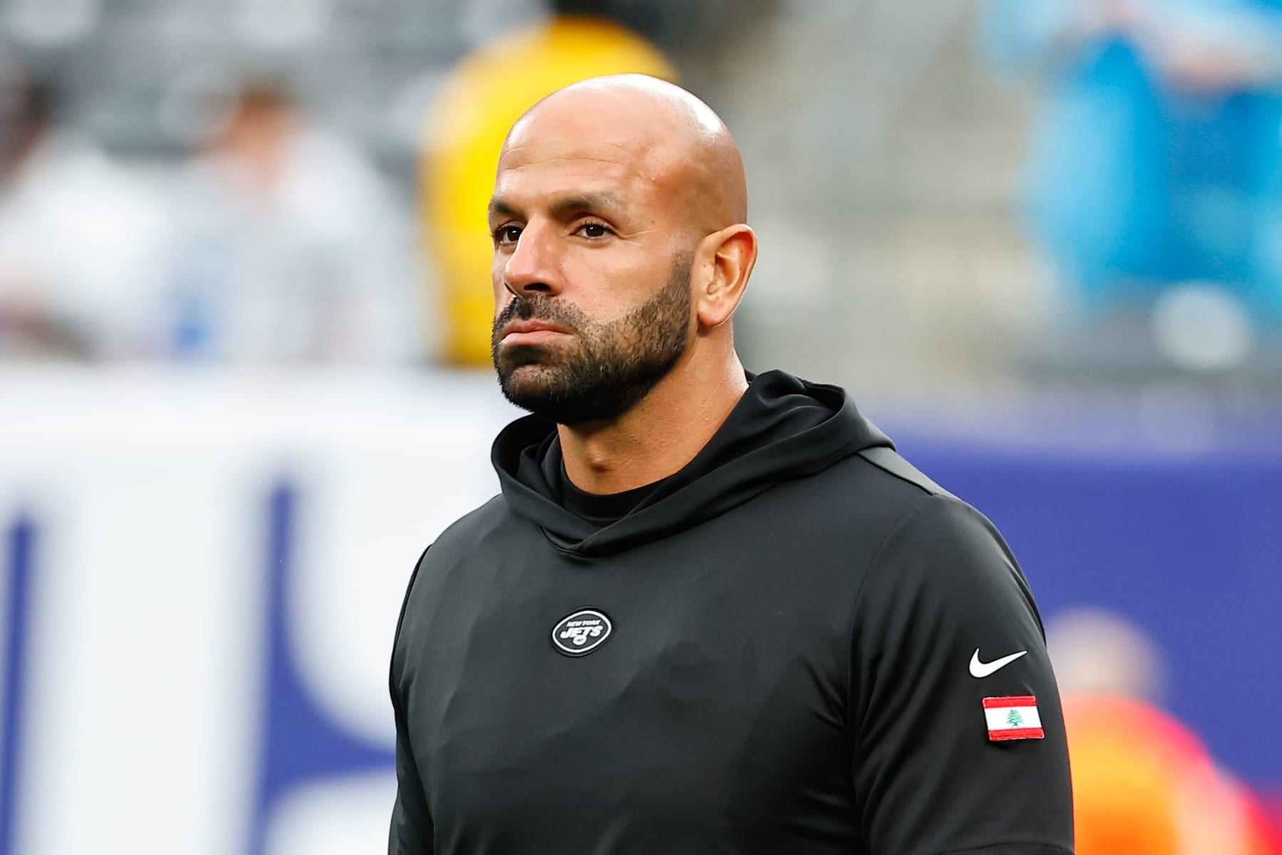 EAST RUTHERFORD, NJ - OCTOBER 29:  Robert Saleh Head Coach of the New York Jets enter the field prior to the game against the New York Giants on October 29, 2023 at MetLife Stadium in East Rutherford, New Jersey.  (Photo by Rich Graessle/Icon Sportswire via Getty Images)