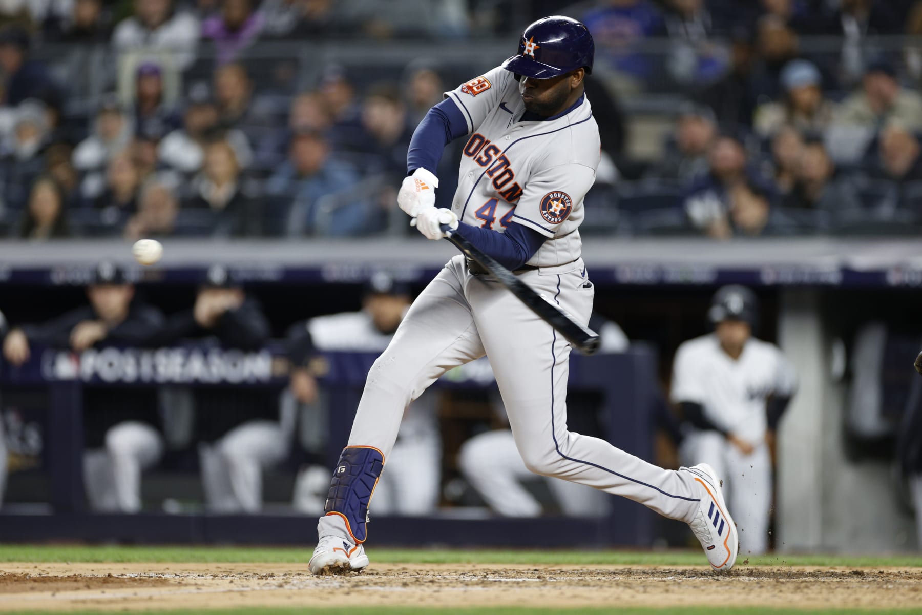 NEW YORK, NEW YORK - OCTOBER 23: Yordan Alvarez #44 of the Houston Astros doubles during the third inning against the New York Yankees in game four of the American League Championship Series at Yankee Stadium on October 23, 2022 in the Bronx borough of New York City. (Photo by Sarah Stier/Getty Images)