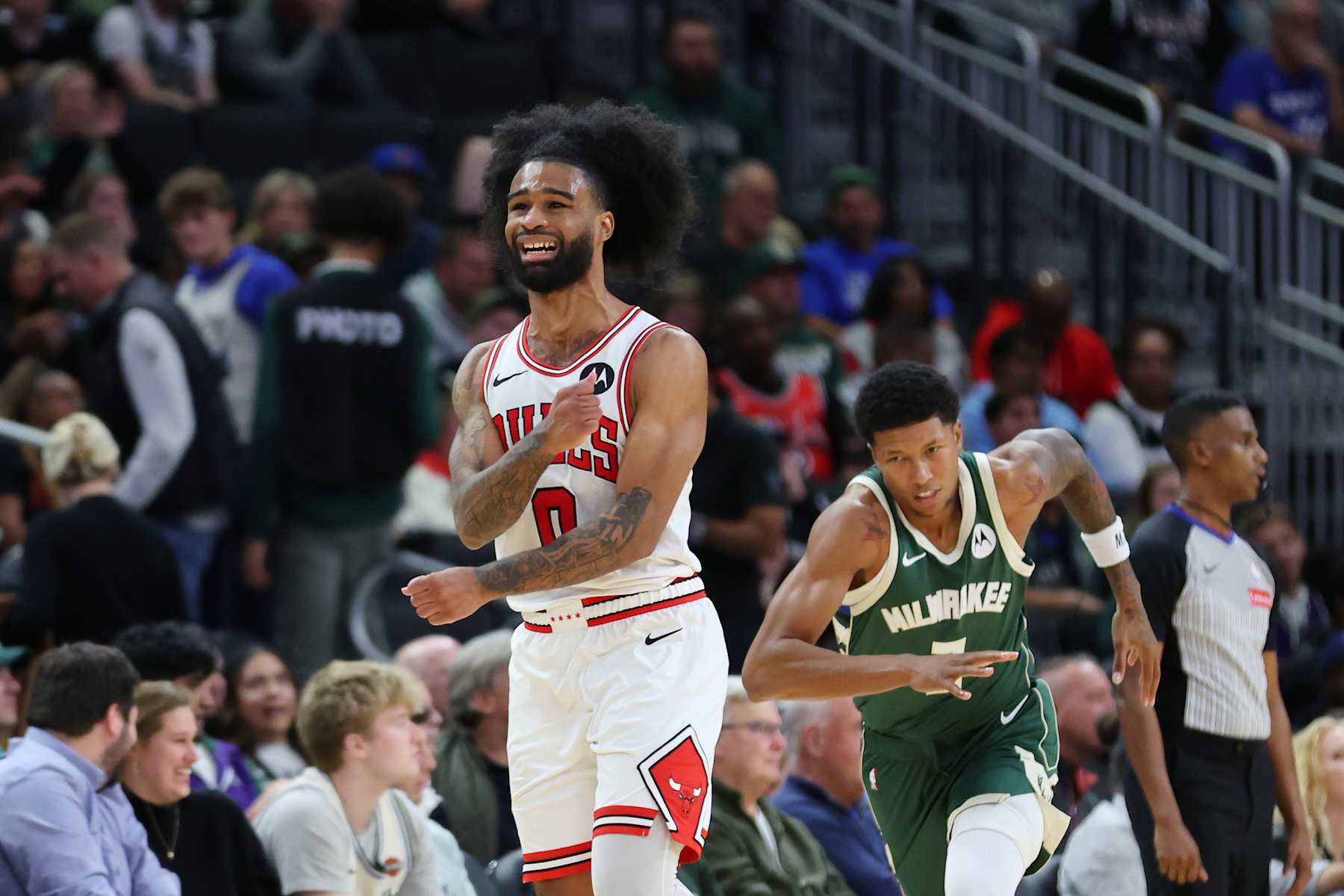 MILWAUKEE, WISCONSIN - OCTOBER 25: Coby White #0 of the Chicago Bulls reacts to a shot during the second half of a game against the Milwaukee Bucks at Fiserv Forum on October 25, 2024 in Milwaukee, Wisconsin. NOTE TO USER: User expressly acknowledges and agrees that, by downloading and or using this photograph, User is consenting to the terms and conditions of the Getty Images License Agreement. (Photo by Stacy Revere/Getty Images)