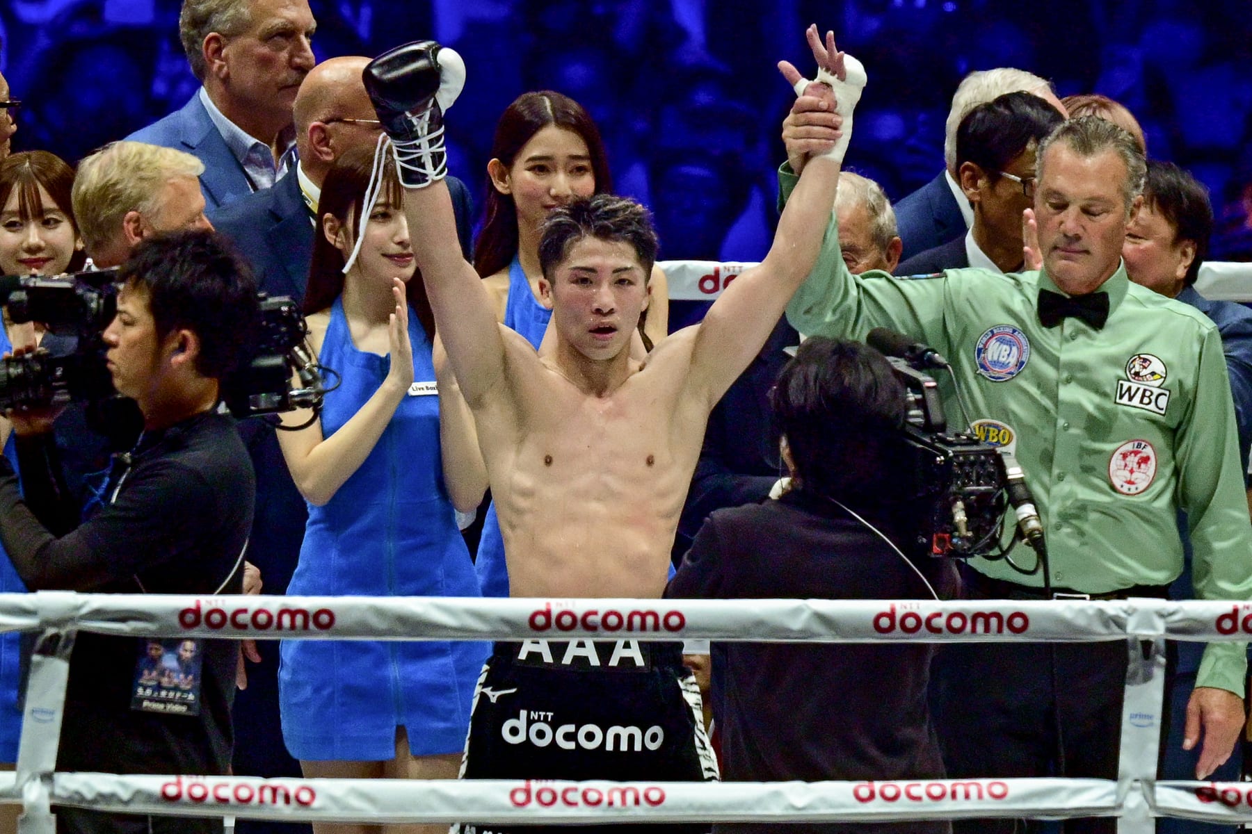 Japan's Naoya Inoue (C) celebrates his victory over Mexico's Luis Nery in their IBF-WBA-WBC-WBO super-bantamweight title boxing match at the Tokyo Dome in Tokyo on May 6, 2024. (Photo by Philip FONG / AFP) (Photo by PHILIP FONG/AFP via Getty Images)