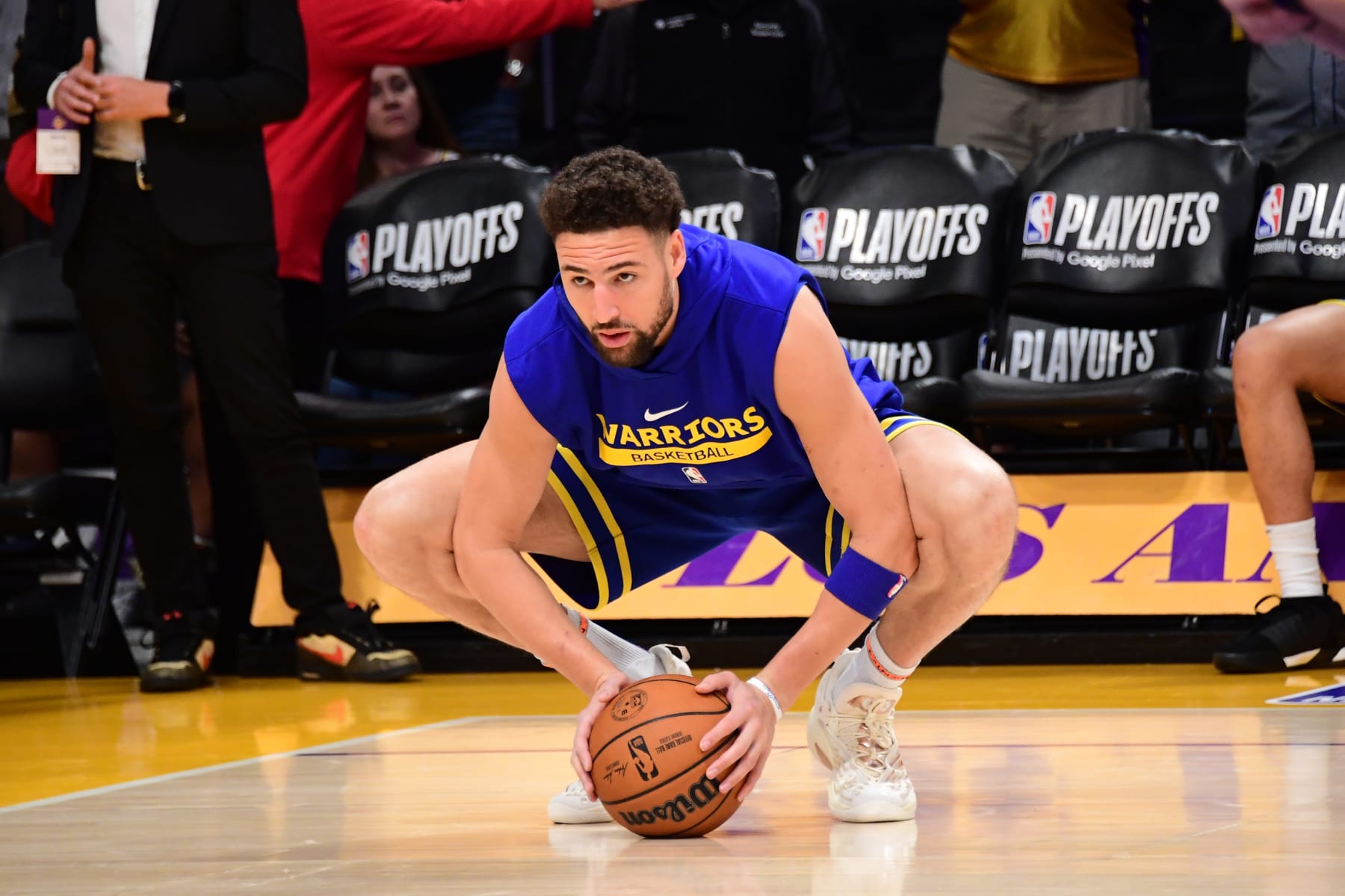 LOS ANGELES, CA - MAY 12: Klay Thompson #11 of the Golden State Warriors warms up before the game against the Los Angeles Lakers during the Western Conference Semi-Finals of the 2023 NBA Playoffs on May 12, 2023 at Crypto.Com Arena in Los Angeles, California. NOTE TO USER: User expressly acknowledges and agrees that, by downloading and/or using this Photograph, user is consenting to the terms and conditions of the Getty Images License Agreement. Mandatory Copyright Notice: Copyright 2023 NBAE (Photo by Adam Pantozzi/NBAE via Getty Images)