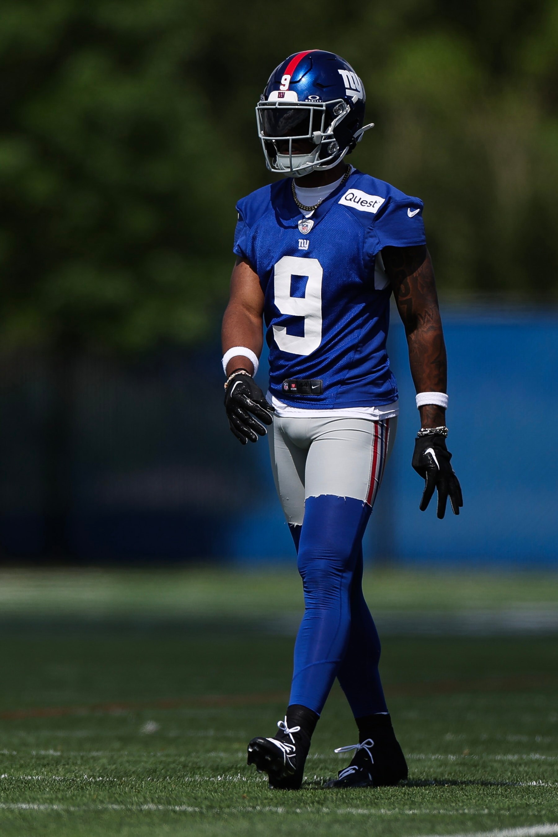 EAST RUTHERFORD, NEW JERSEY - MAY 30: Malik Nabers #9 of the New York Giants looks on during OTA Offseason Workouts at NY Giants Quest Diagnostics Training Center on May 30, 2024 in East Rutherford, New Jersey. (Photo by Luke Hales/Getty Images)