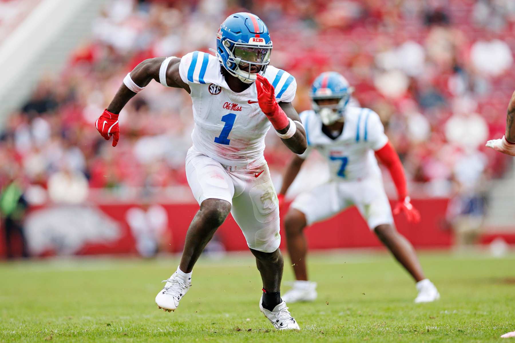FAYETTEVILLE, ARKANSAS - NOVEMBER 02: Princely Umanmielen #1 of the Ole Miss Rebels at the line of scrimmage during a game against the Arkansas Razorbacks at Donald W. Reynolds Razorback Stadium on November 02, 2024 in Fayetteville, Arkansas. The Rebels defeated the Razorbacks 63-31.  (Photo by Wesley Hitt/Getty Images)