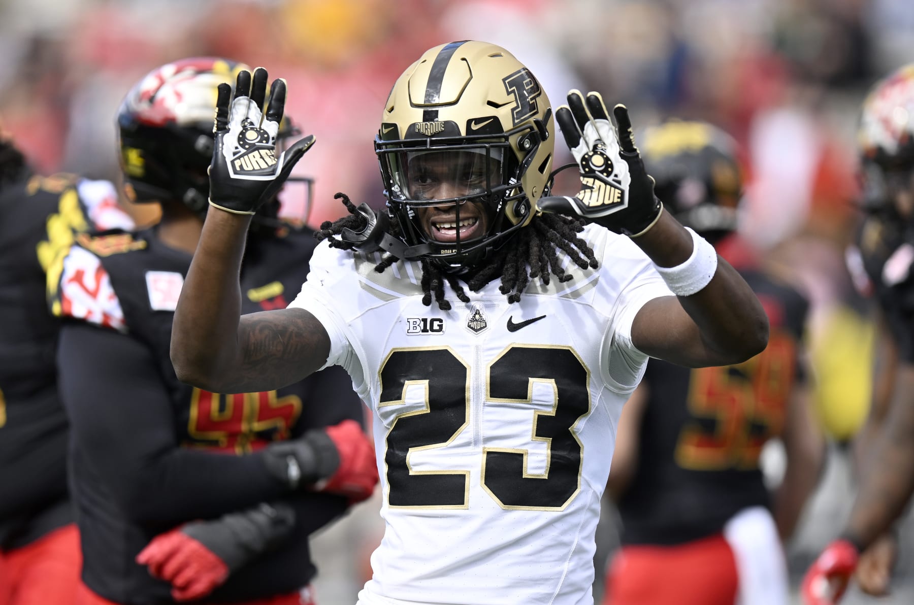 COLLEGE PARK, MARYLAND - OCTOBER 08: Cory Trice #23 of the Purdue Boilermakers celebrates during the game against the Maryland Terrapins at SECU Stadium on October 08, 2022 in College Park, Maryland. (Photo by G Fiume/Getty Images)