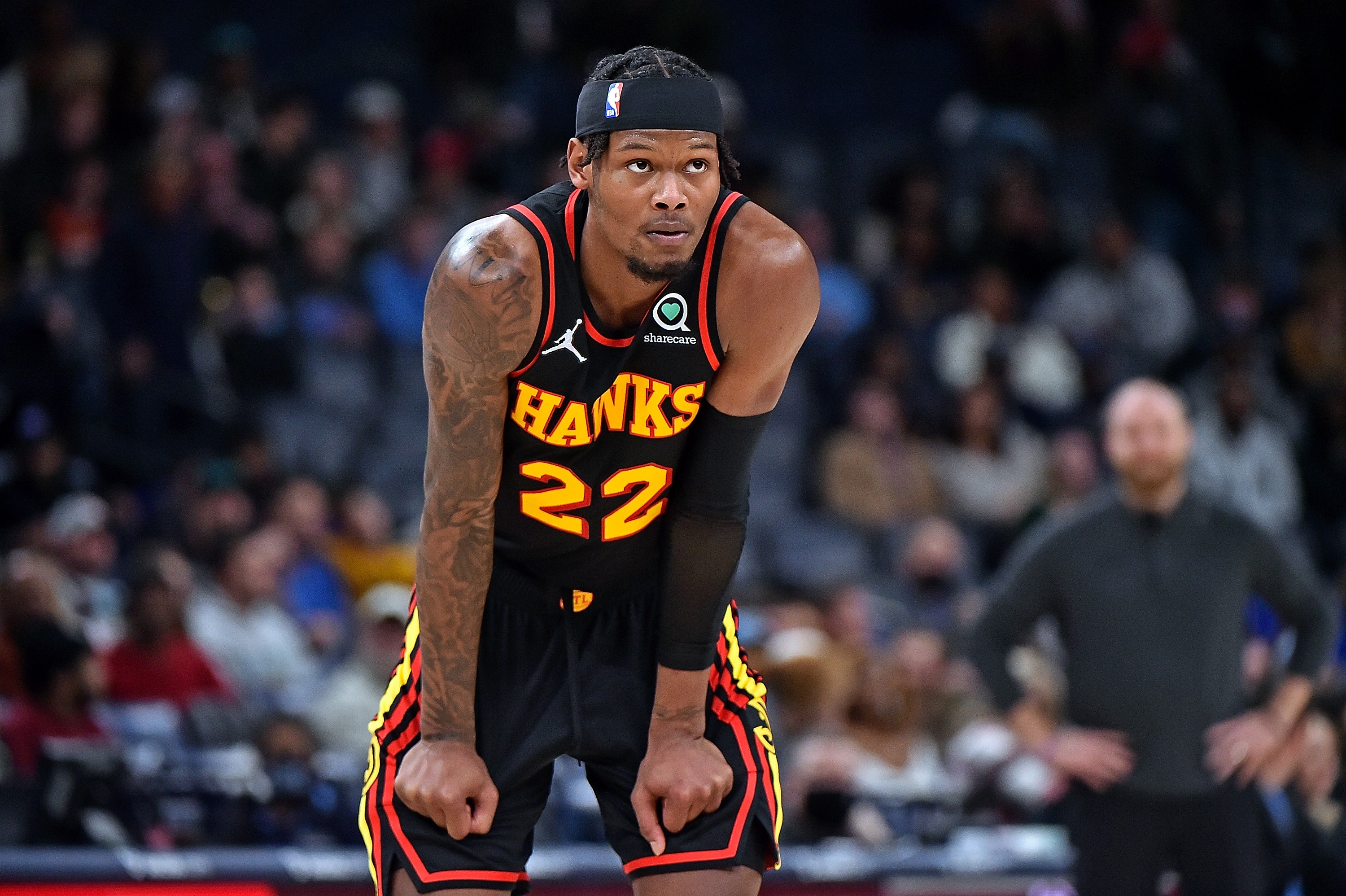 MEMPHIS, TENNESSEE - NOVEMBER 26: Cam Reddish #22 of the Atlanta Hawks during the game against the Memphis Grizzlies at FedExForum on November 26, 2021 in Memphis, Tennessee. NOTE TO USER: User expressly acknowledges and agrees that, by downloading and or using this photograph, User is consenting to the terms and conditions of the Getty Images License Agreement. (Photo by Justin Ford/Getty Images)