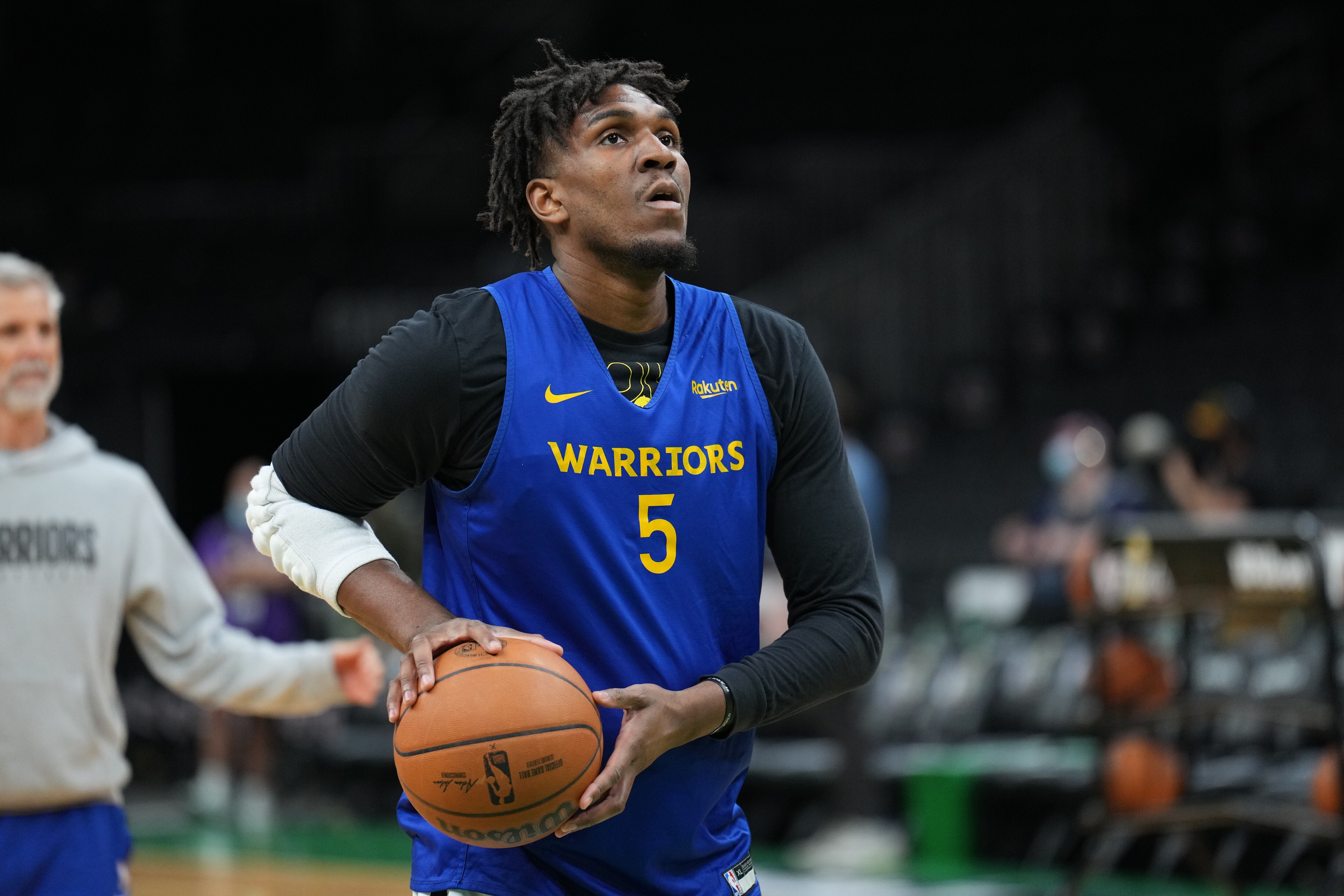 BOSTON, MA  - JUNE 07: Kevon Looney #5 of the Golden State Warriors shoots during 2022 NBA Finals Practice and Media Availability on June 7, 2022  at the TD Garden in Boston, Massachusetts. NOTE TO USER: User expressly acknowledges and agrees that, by downloading and or using this photograph, user is consenting to the terms and conditions of Getty Images License Agreement. Mandatory Copyright Notice: Copyright 2022 NBAE (Photo by Jesse D. Garrabrant/NBAE via Getty Images)