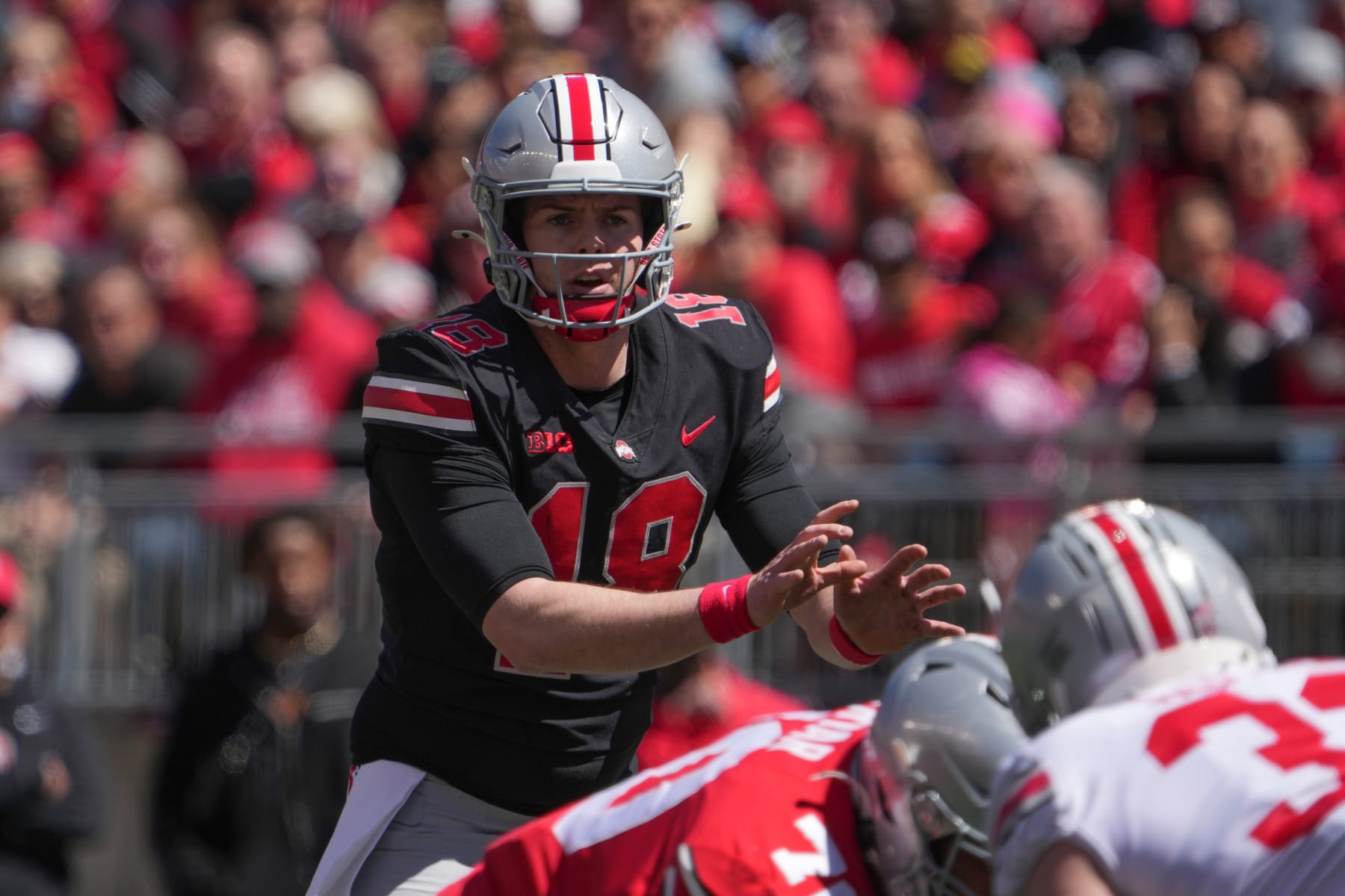 COLUMBUS, OH - APRIL 13: Ohio State Buckeyes quarterback Will Howard (18) awaits the snap of the ball during the Ohio State Spring Game at Ohio Stadium in Columbus, Ohio on April 13, 2024. (Photo by Jason Mowry/Icon Sportswire via Getty Images)