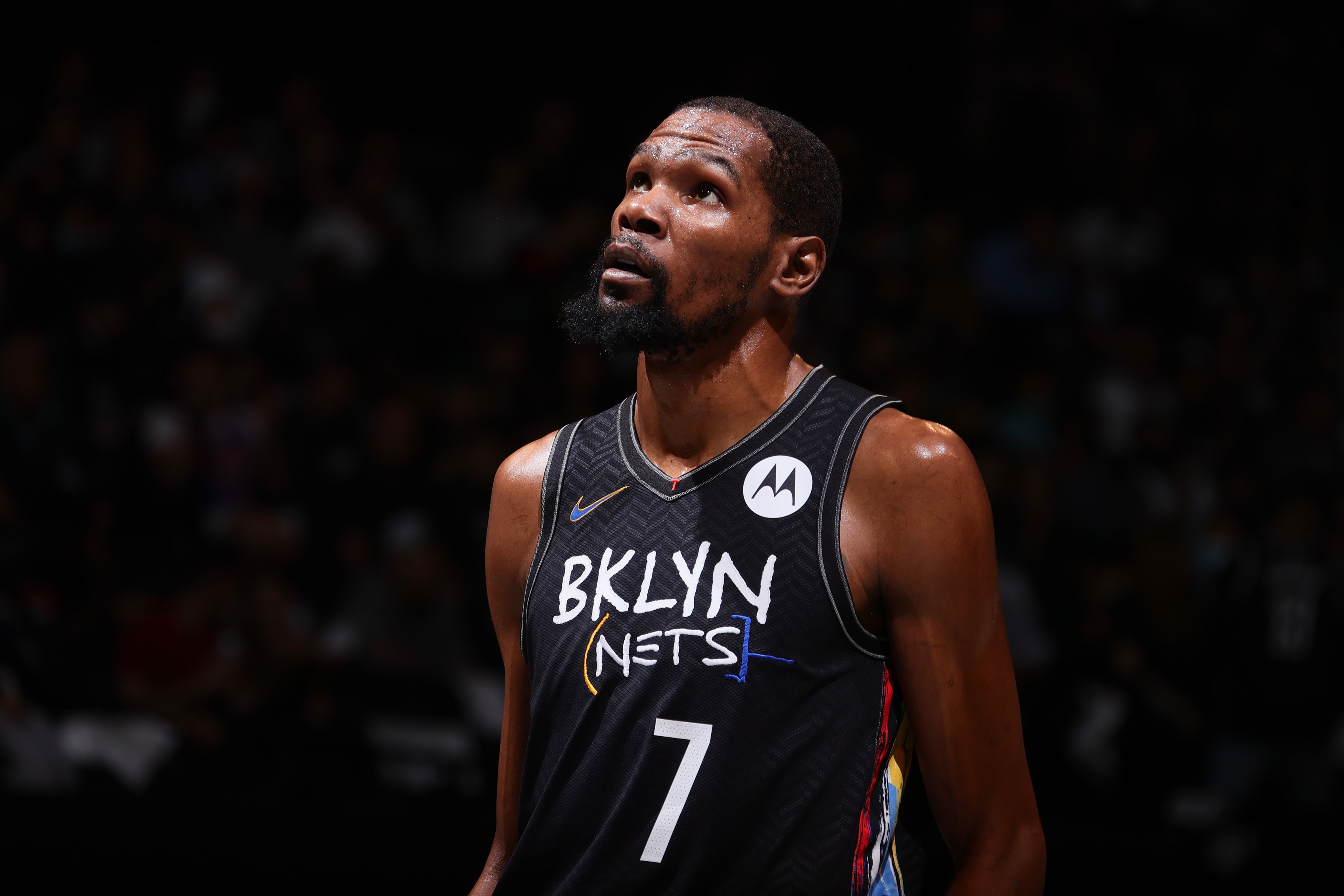 BROOKLYN, NY - MAY 25: Kevin Durant #7 of the Brooklyn Nets looks on against the Boston Celtics during Round 1, Game 2 of the 2021 NBA Playoffs on May 25, 2021 at Barclays Center in Brooklyn, New York. NOTE TO USER: User expressly acknowledges and agrees that, by downloading and or using this Photograph, user is consenting to the terms and conditions of the Getty Images License Agreement. Mandatory Copyright Notice: Copyright 2021 NBAE (Photo by Nathaniel S. Butler/NBAE via Getty Images)