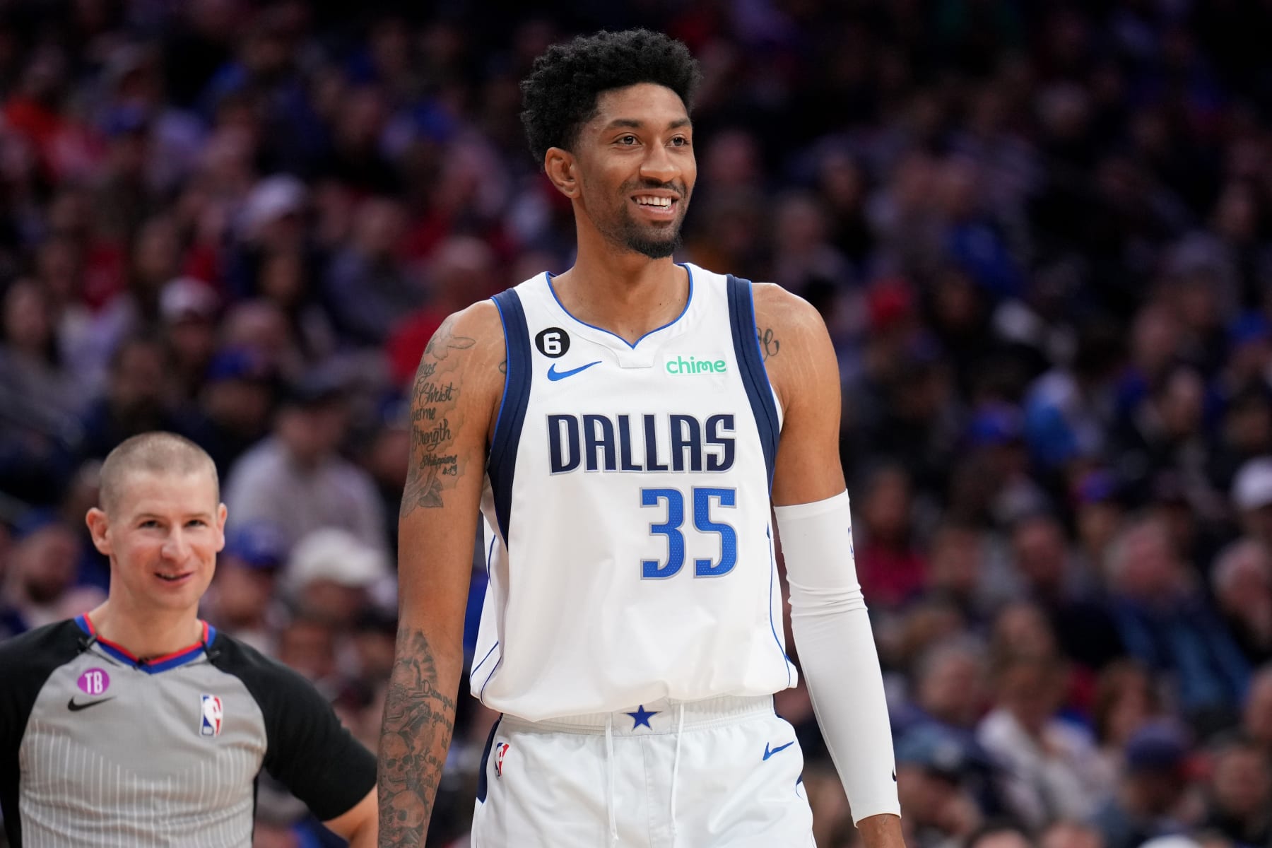 PHILADELPHIA, PA - MARCH 29: Christian Wood #35 of the Dallas Mavericks looks on during the game against the Philadelphia 76ers on March 29, 2023 at the Wells Fargo Center in Philadelphia, Pennsylvania NOTE TO USER: User expressly acknowledges and agrees that, by downloading and/or using this Photograph, user is consenting to the terms and conditions of the Getty Images License Agreement. Mandatory Copyright Notice: Copyright 2023 NBAE (Photo by Jesse D. Garrabrant/NBAE via Getty Images)