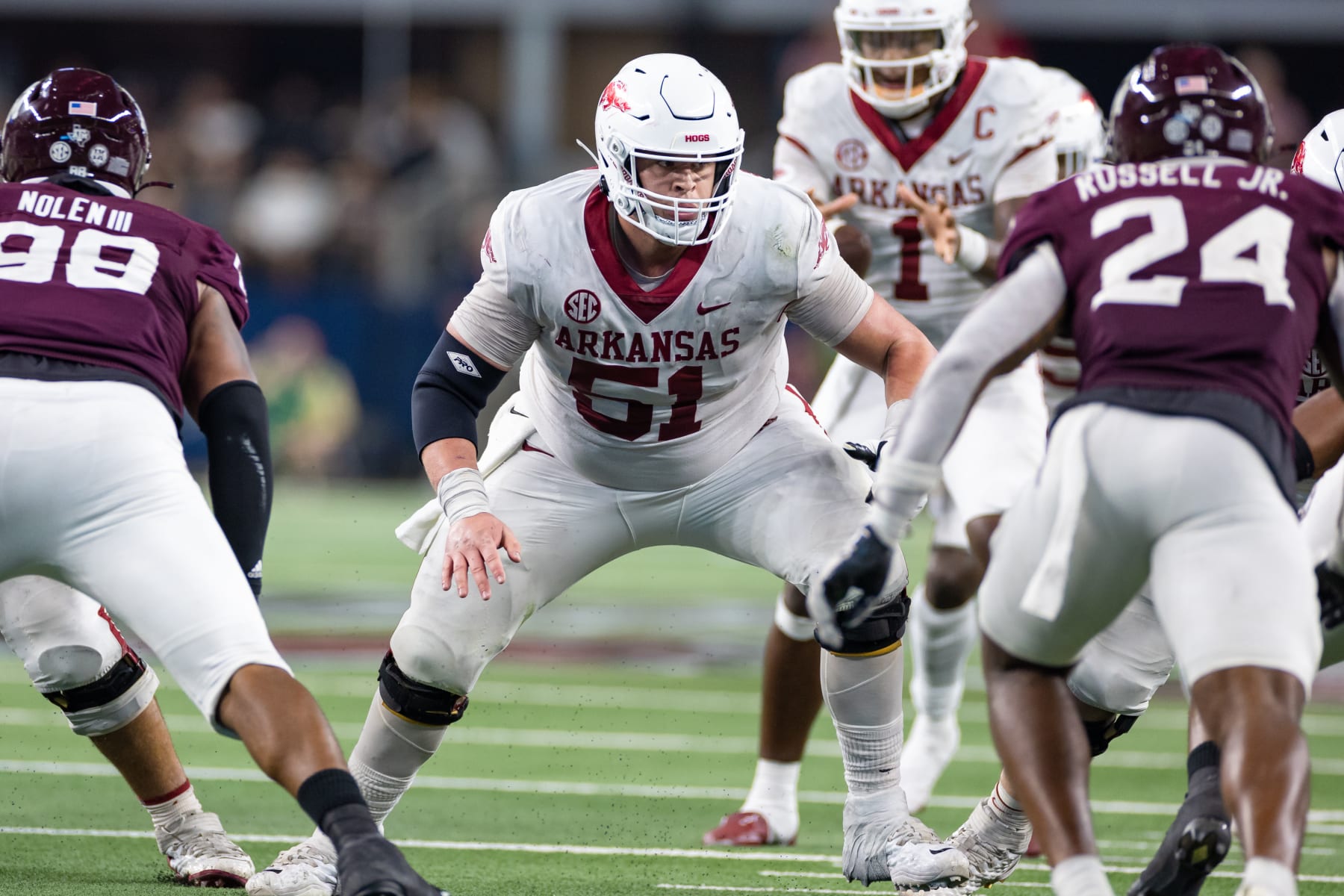 ARLINGTON, TX - SEPTEMBER 24: Arkansas Razorbacks center Ricky Stromberg (#51) blocks during the Southwest Classic college football game between the Texas A&M Aggies and the Arkansas Razorbacks on September 24, 2022 at AT&T Stadium in Arlington, TX.  (Photo by Matthew Visinsky/Icon Sportswire via Getty Images)