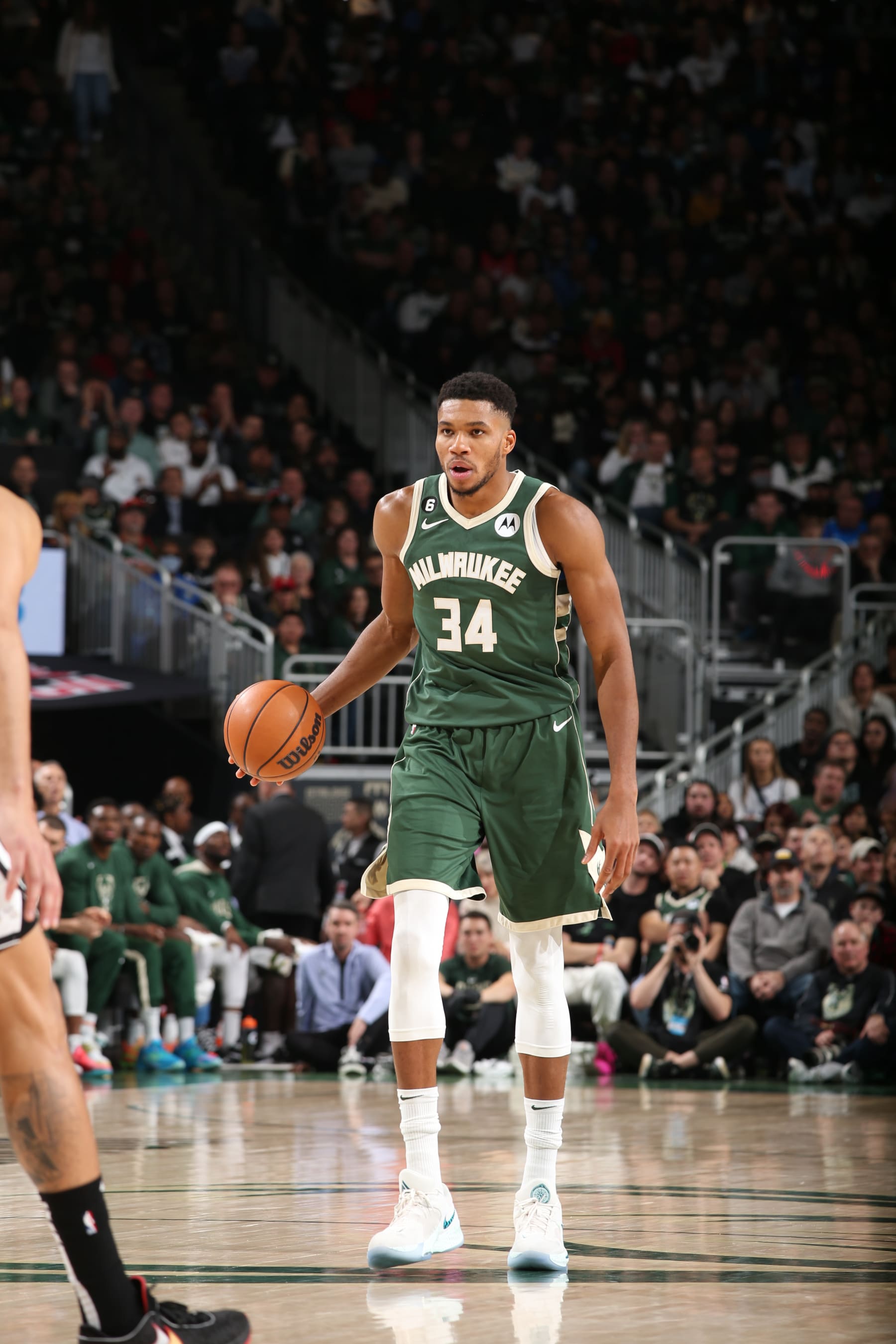 MILWAUKEE, WI - OCTOBER 26: Giannis Antetokounmpo #34 of the Milwaukee Bucks dribbles the ball during the game against the Brooklyn Nets on October 26, 2022 at the Fiserv Forum Center in Milwaukee, Wisconsin. NOTE TO USER: User expressly acknowledges and agrees that, by downloading and or using this Photograph, user is consenting to the terms and conditions of the Getty Images License Agreement. Mandatory Copyright Notice: Copyright 2022 NBAE (Photo by Gary Dineen/NBAE via Getty Images).