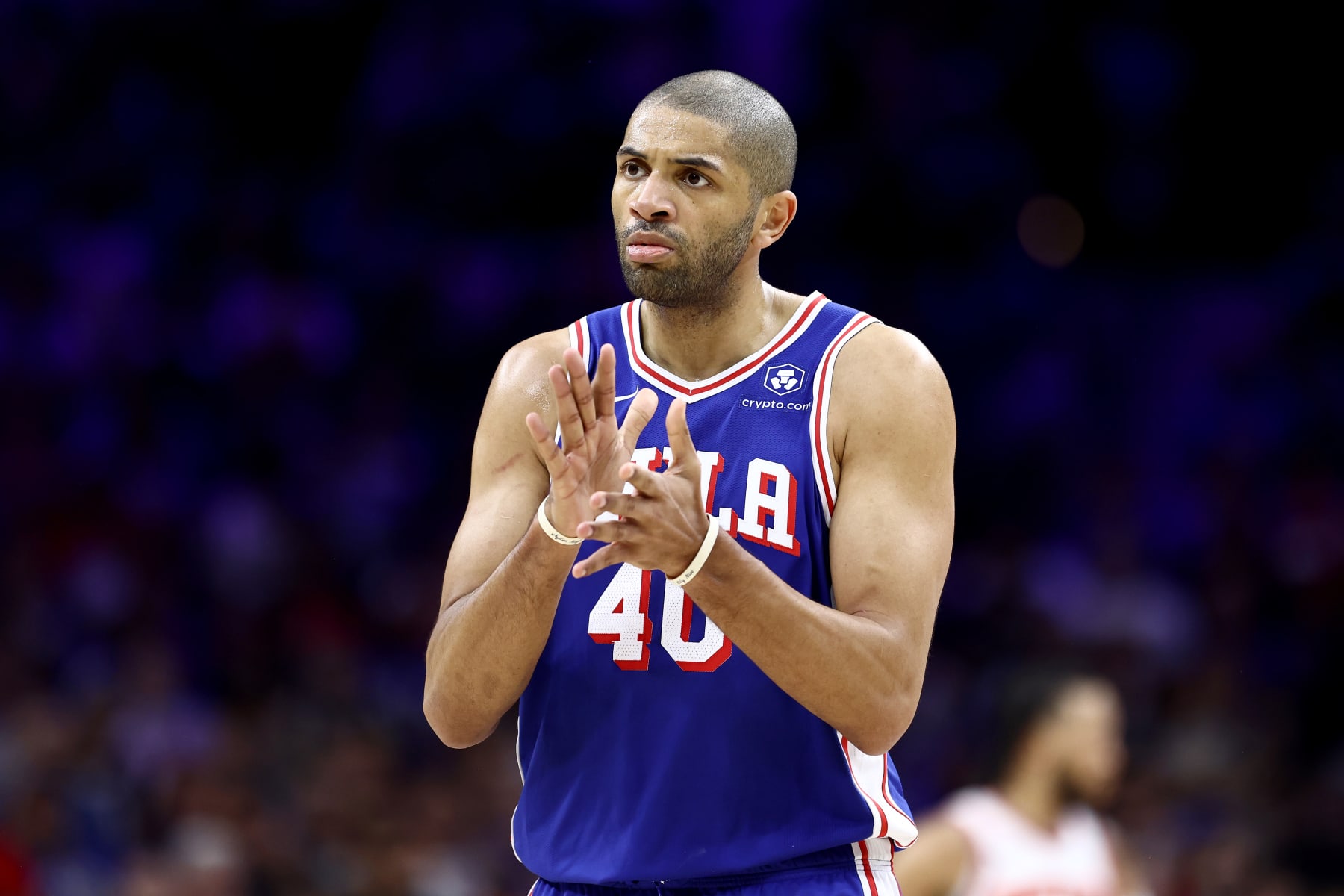 PHILADELPHIA, PENNSYLVANIA - MAY 02: Nicolas Batum #40 of the Philadelphia 76ers reacts after a play against the New York Knicks during the first quarter of game six of the Eastern Conference First Round Playoffs at the Wells Fargo Center on May 02, 2024 in Philadelphia, Pennsylvania. (Photo by Tim Nwachukwu/Getty Images)