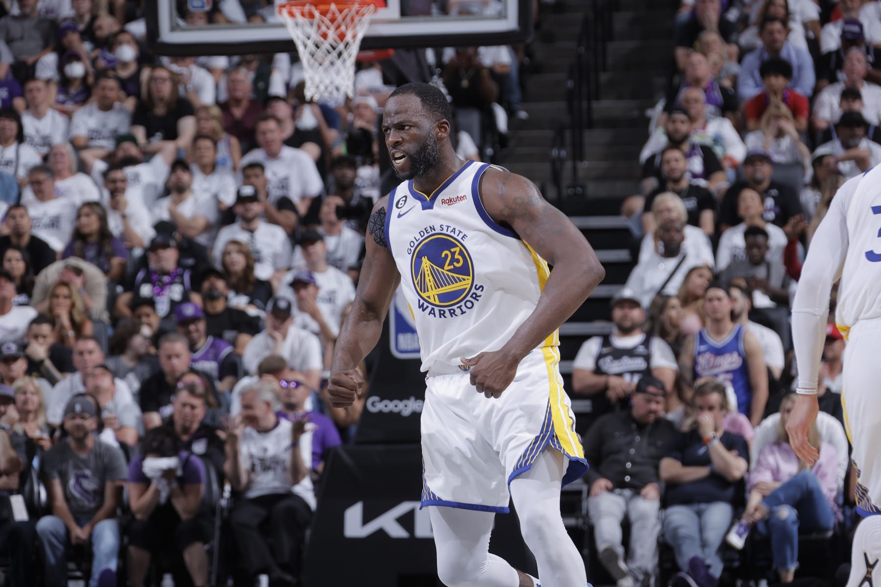 SACRAMENTO, CA - APRIL 30: Draymond Green #23 of the Golden State Warriors celebrates a play during Round One Game Seven of the 2023 NBA Playoffs on April 30, 2023 at Golden 1 Center in Sacramento, California. NOTE TO USER: User expressly acknowledges and agrees that, by downloading and or using this Photograph, user is consenting to the terms and conditions of the Getty Images License Agreement. Mandatory Copyright Notice: Copyright 2023 NBAE (Photo by Rocky Widner/NBAE via Getty Images)