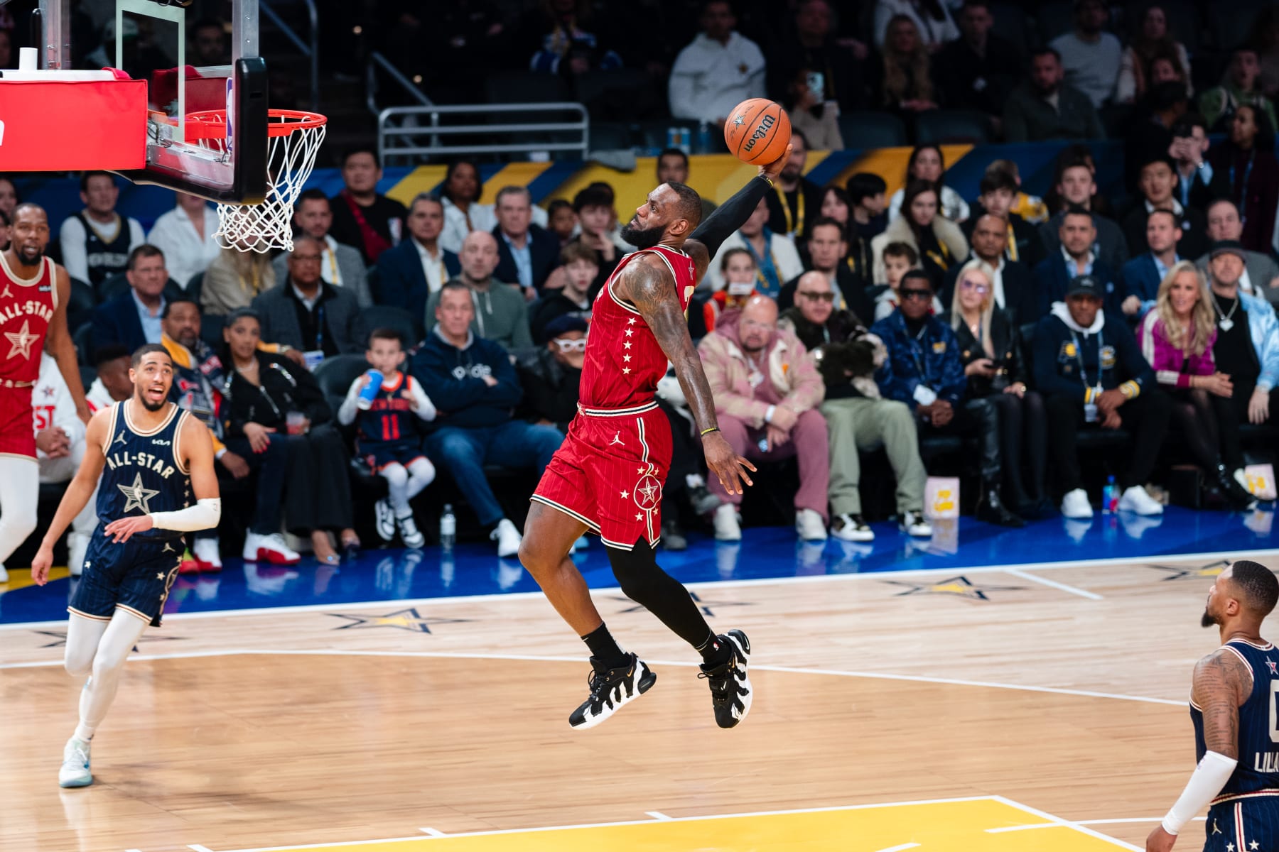 INDIANAPOLIS, IN - FEBRUARY 18: LeBron James #23 of the Western Conference dunks the ball against the Eastern Conference during the NBA All-Star Game as part of NBA All-Star Weekend on Sunday, February 18, 2024 at Gainbridge Fieldhouse in Indianapolis, Indiana. NOTE TO USER: User expressly acknowledges and agrees that, by downloading and/or using this photograph, user is consenting to the terms and conditions of the Getty Images License Agreement. Mandatory Copyright Notice: Copyright 2024 NBAE (Photo by Evan Yu/NBAE via Getty Images)
