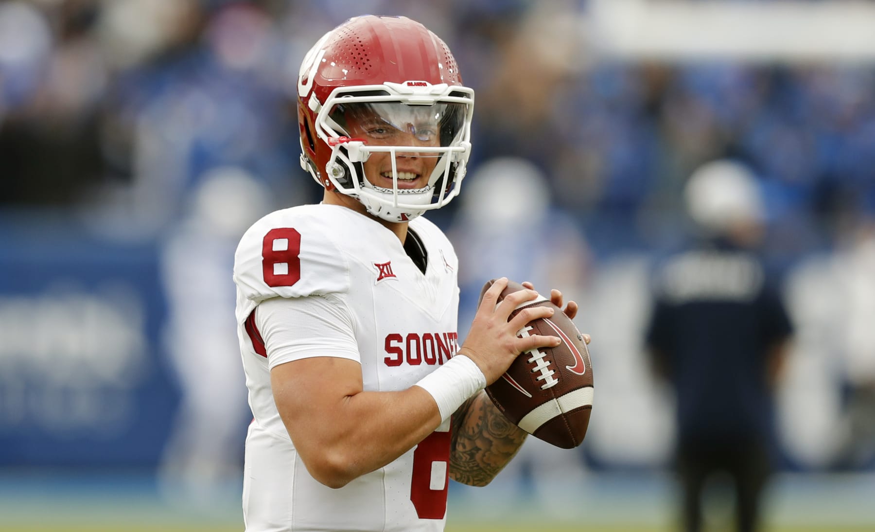 PROVO, UT - NOVEMBER 18:  Dillon Gabriel #8 of the Oklahoma Sooners throws a pass during warmups before their game against the Brigham Young Cougars at LaVell Edwards Stadium on November 18, 2023 in Provo, Utah.  (Photo by Chris Gardner/Getty Images)