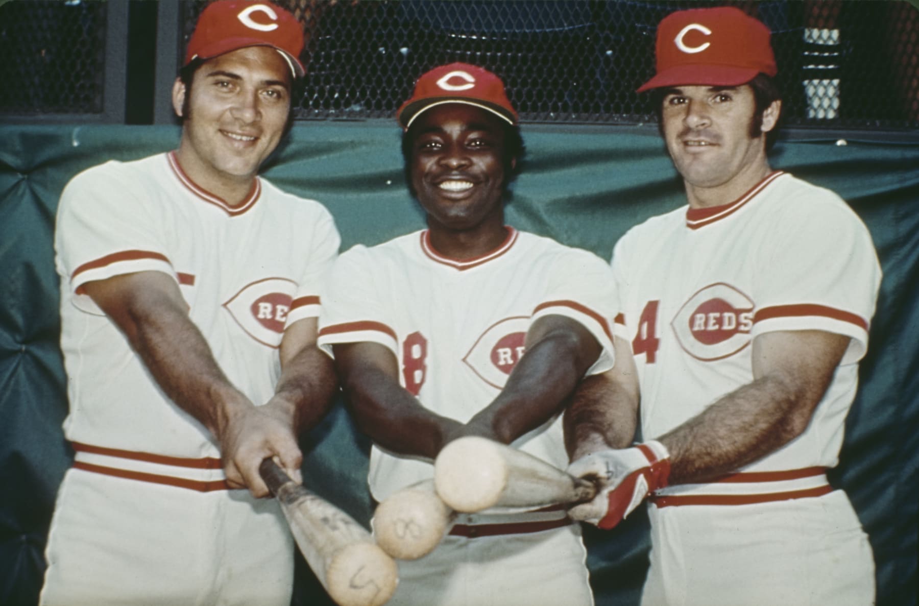 American baseball player Johnny Bench, American baseball player Joe Morgan (1943-2020), and American baseball player Pete Rose, all three play for the Cincinnati Reds, pose with baseball bats at the club's Riverfront Stadium in Cincinnati, Ohio, 20th July 1973. (Photo by Bettmann Archive/Getty Images)