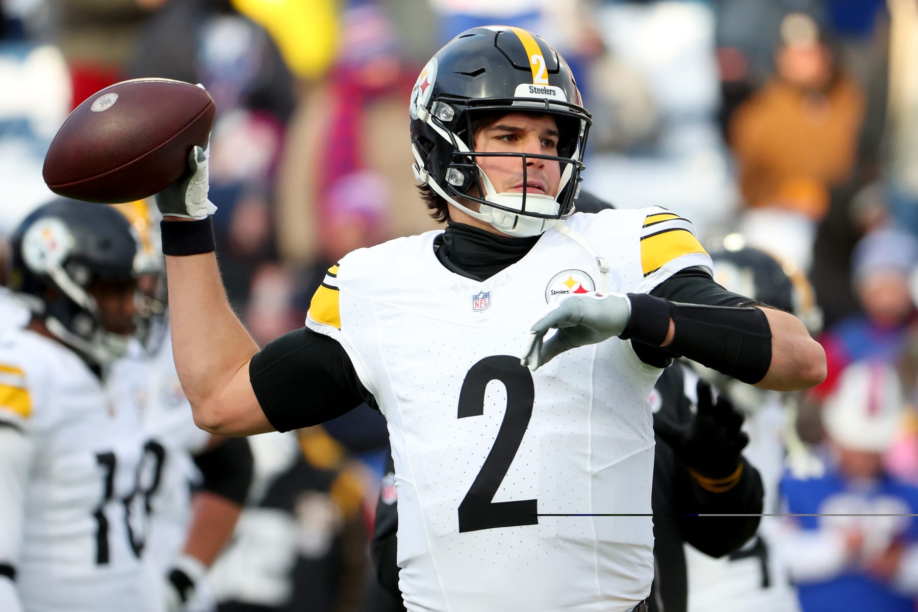 ORCHARD PARK, NEW YORK - JANUARY 15: Mason Rudolph #2 of the Pittsburgh Steelers warms up before the game against the Buffalo Bills at Highmark Stadium on January 15, 2024 in Orchard Park, New York. (Photo by Timothy T Ludwig/Getty Images) ORCHARD PARK, NEW YORK - JANUARY 15: Mason Rudolph #2 of the Pittsburgh Steelers warms up before the game against the Buffalo Bills at Highmark Stadium on January 15, 2024 in Orchard Park, New York. (Photo by Timothy T Ludwig/Getty Images)