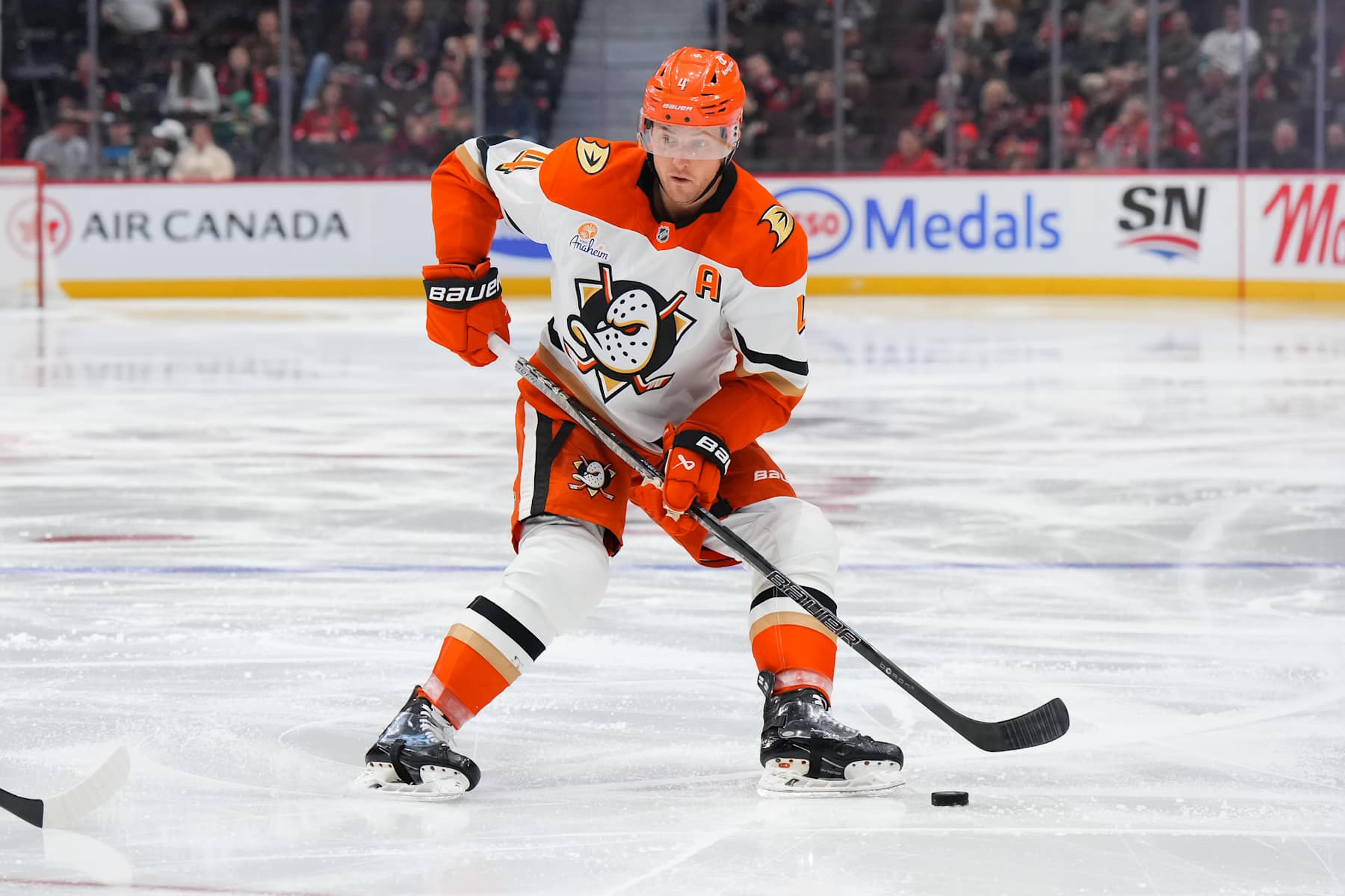 OTTAWA, CANADA - DECEMBER 11:  Cam Fowler #4 of the Anaheim Ducks skates against the Ottawa Senators at Canadian Tire Centre on December 11, 2024 in Ottawa, Ontario, Canada.  (Photo by André Ringuette/NHLI via Getty Images)