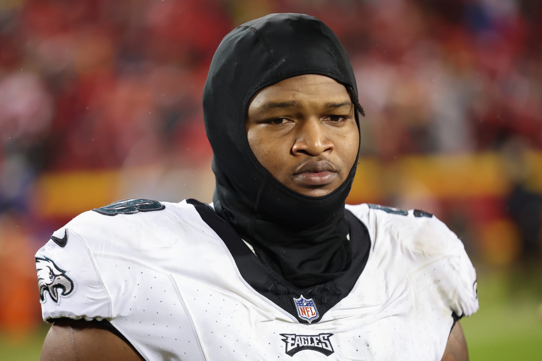 KANSAS CITY, MO - NOVEMBER 20: Philadelphia Eagles defensive tackle Jalen Carter (98) after an NFL football game between the Philadelphia Eagles and Kansas City Chiefs on Nov 20, 2023 at GEHA Field at Arrowhead Stadium in Kansas City, MO. (Photo by Scott Winters/Icon Sportswire via Getty Images)
