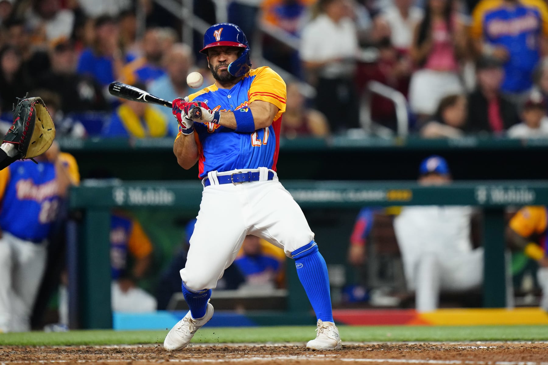 MIAMI, FL - MARCH 18:   Jose Altuve #27 of Team Venezuela is hit by a pitch from Daniel Bard #52 of Team USA in the fifth inning during the 2023 World Baseball Classic Quarterfinal game between Team USA and Team Venezuela at loanDepot Park on Saturday, March 18, 2023 in Miami, Florida. (Photo by Daniel Shirey/WBCI/MLB Photos via Getty Images)