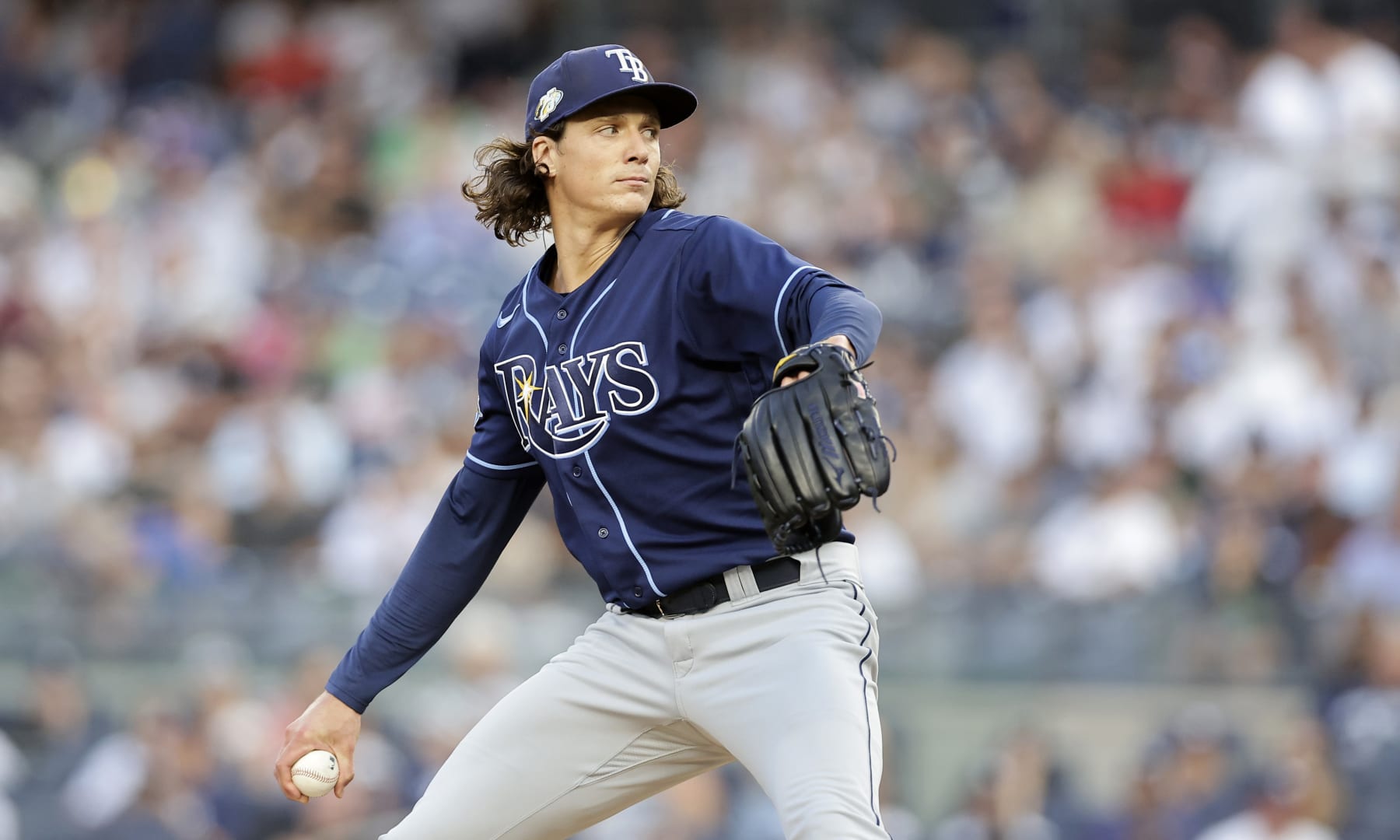 NEW YORK, NEW YORK - JULY 31:  Tyler Glasnow #20 of the Tampa Bay Rays in action against the New York Yankees at Yankee Stadium on July 31, 2023 in Bronx borough of New York City. The Rays defeated the Yankees 5-1. (Photo by Jim McIsaac/Getty Images)
