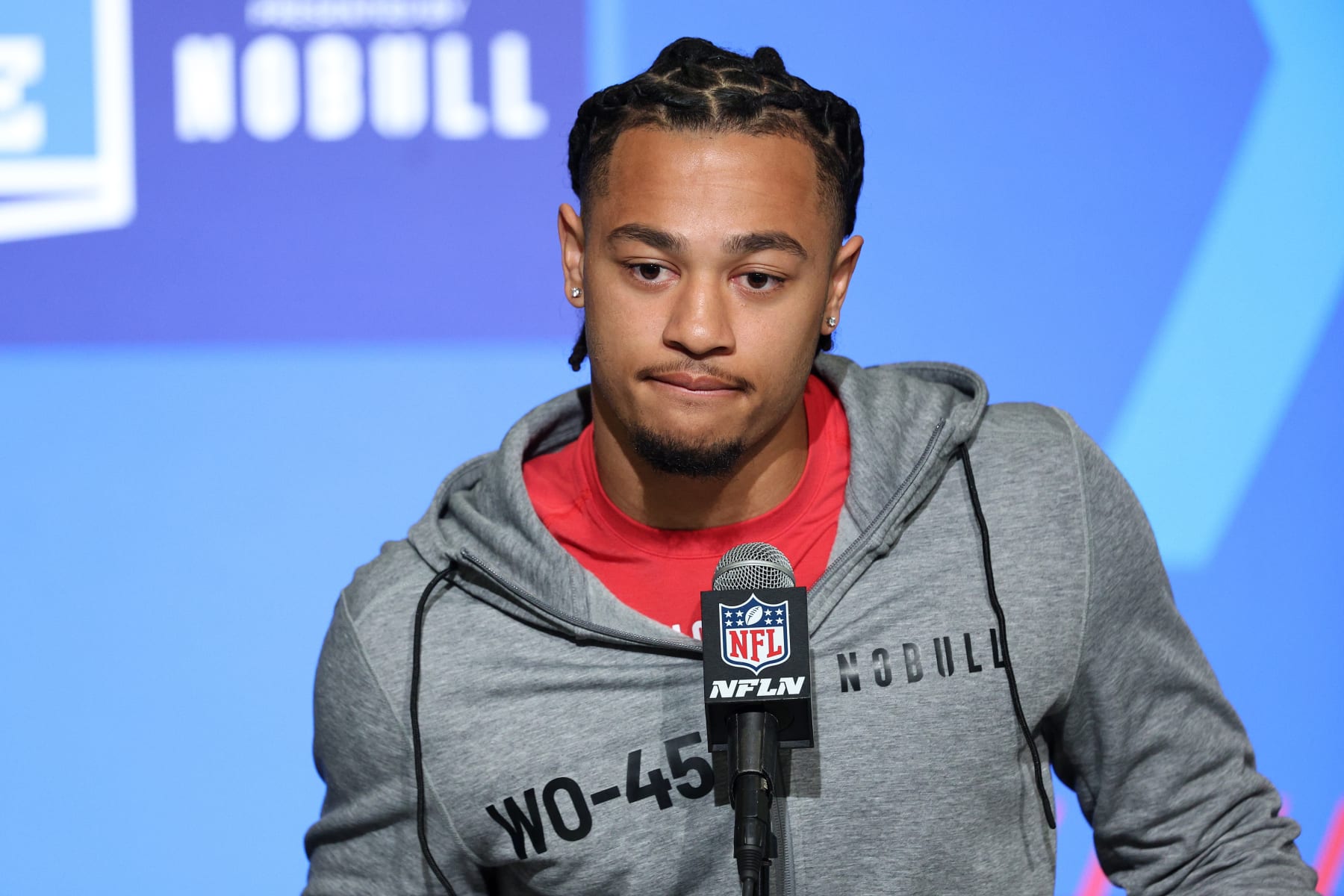 INDIANAPOLIS, INDIANA - MARCH 03: Jaxon SmithâNjigba of Ohio State speaks to the media during the NFL Combine at Lucas Oil Stadium on March 03, 2023 in Indianapolis, Indiana. (Photo by Michael Hickey/Getty Images)