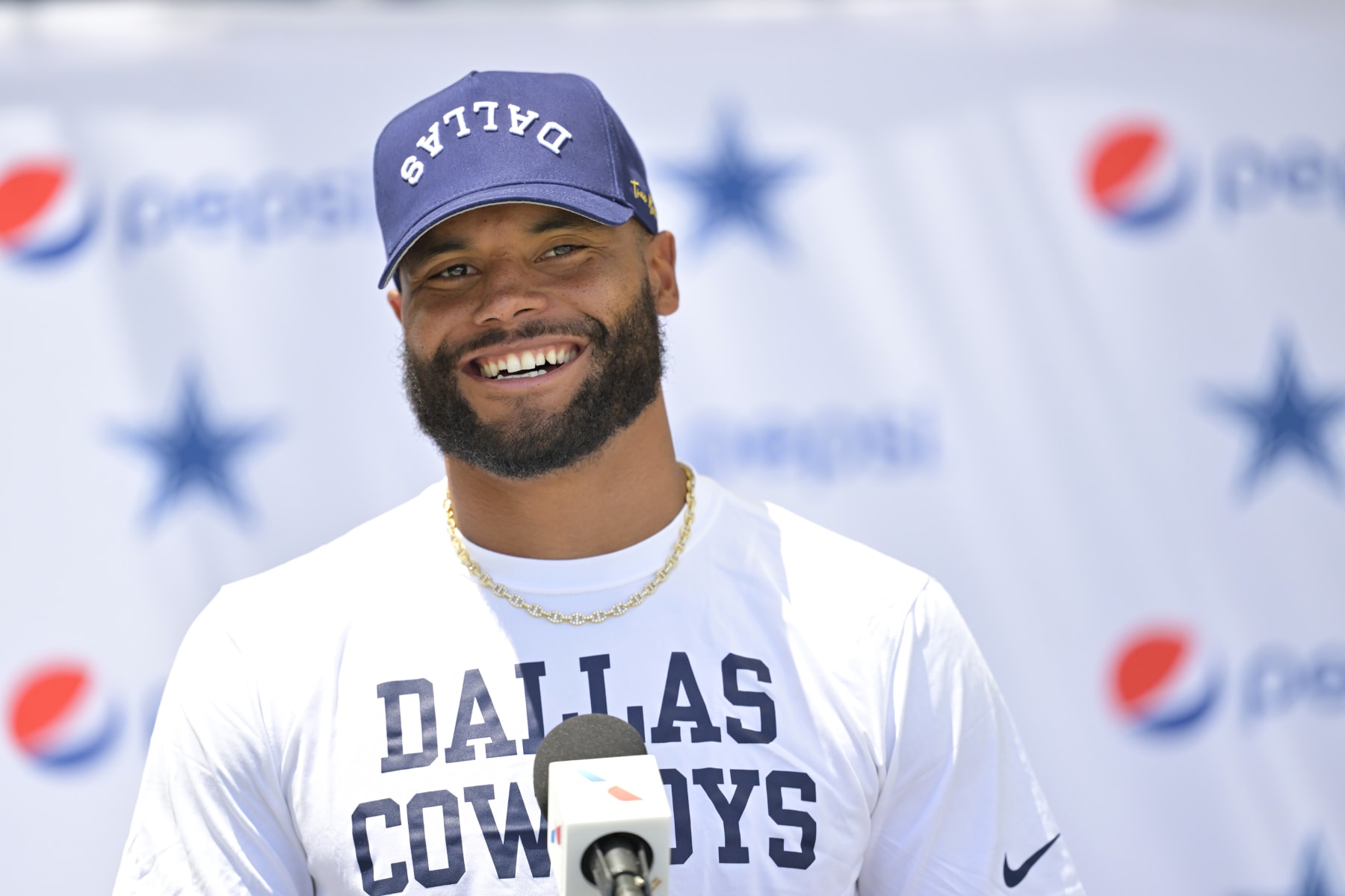 OXNARD, CALIFORNIA - JULY 27: Quarterback Dak Prescott #4 of the Dallas Cowboys speaks at a news conference during training camp at River Ridge Playing Fields on July 27, 2023 in Oxnard, California. (Photo by Jayne Kamin-Oncea/Getty Images)