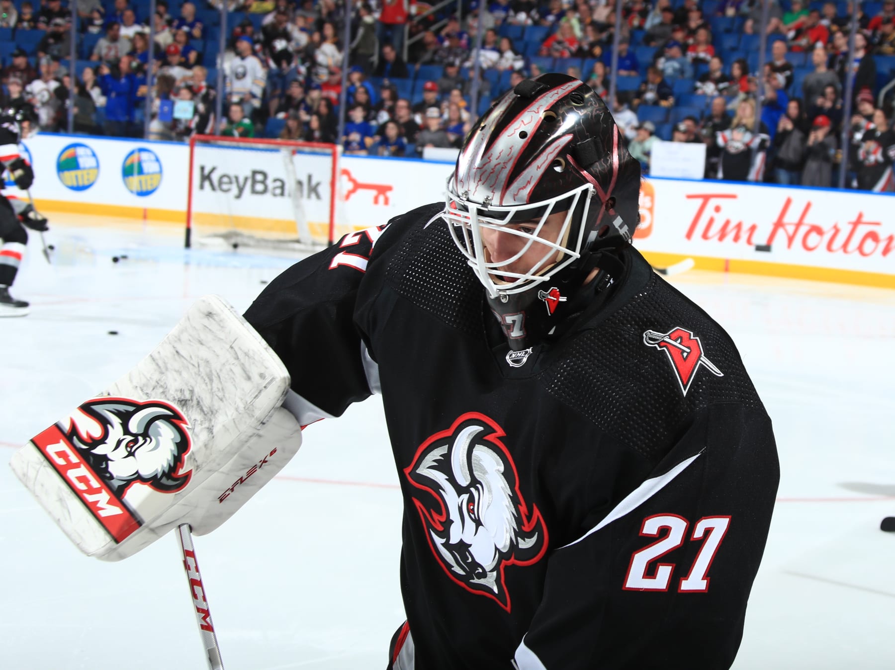 BUFFALO, NY - APRIL 13: Devon Levi #27 of the Buffalo Sabres prepares in warmups prior to an NHL game against the Ottawa Senators on April 13, 2023 at KeyBank Center in Buffalo, New York. (Photo by Bill Wippert/NHLI via Getty Images)