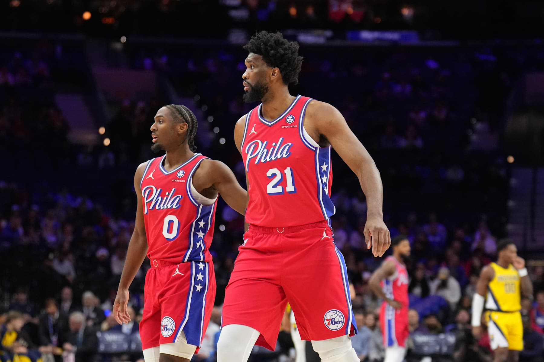 PHILADELPHIA, PA - DECEMBER 13: Tyrese Maxey #0 and Joel Embiid #21 of the Philadelphia 76ers look on during the game against the Indiana Pacers on December 13, 2024 at the Wells Fargo Center in Philadelphia, Pennsylvania NOTE TO USER: User expressly acknowledges and agrees that, by downloading and/or using this Photograph, user is consenting to the terms and conditions of the Getty Images License Agreement. Mandatory Copyright Notice: Copyright 2024 NBAE (Photo by Jesse D. Garrabrant/NBAE via Getty Images)