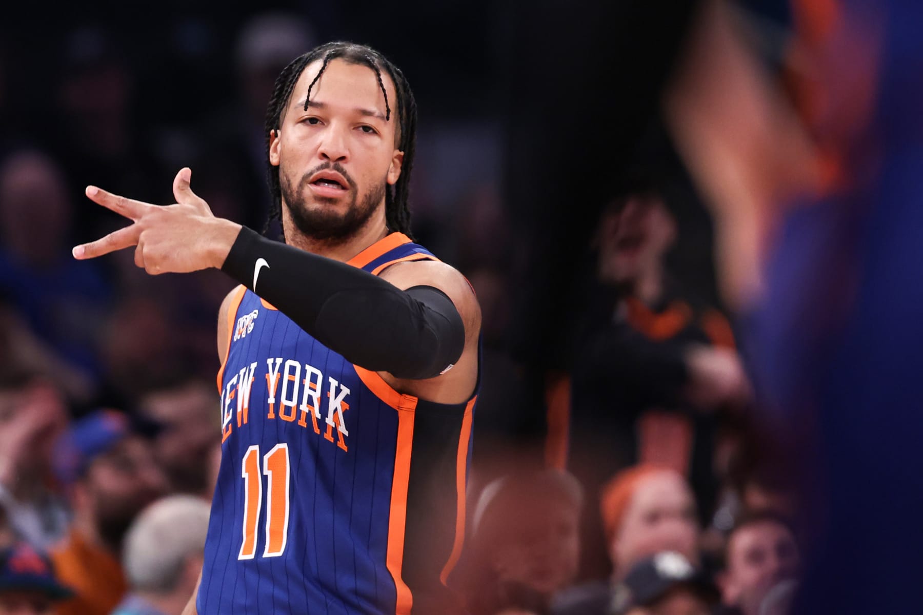 NEW YORK, NEW YORK - MARCH 31: Jalen Brunson #11 of the New York Knicks reacts after making a three-point basket during the first quarter of the game against the Oklahoma City Thunder at Madison Square Garden on March 31, 2024 in New York City. NOTE TO USER: User expressly acknowledges and agrees that, by downloading and or using this photograph, User is consenting to the terms and conditions of the Getty Images License Agreement. (Photo by Dustin Satloff/Getty Images)